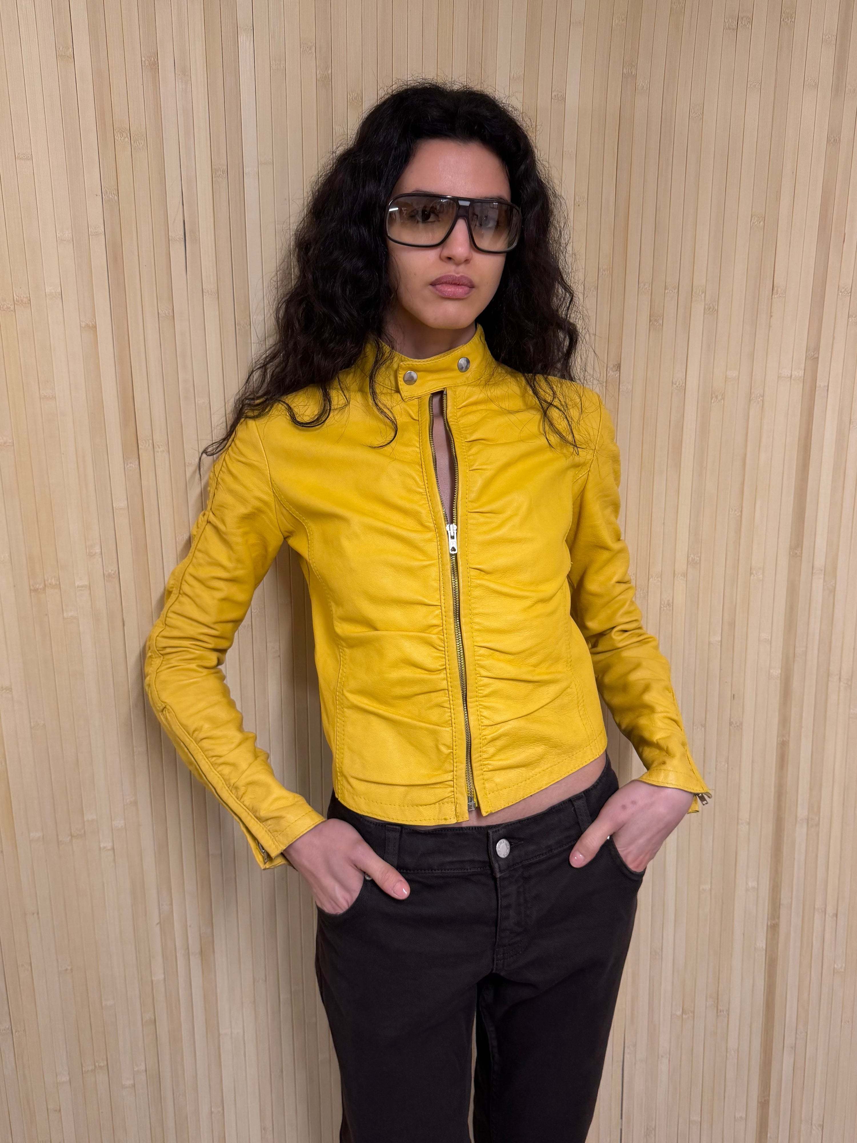 Yellow leather ruched jacket