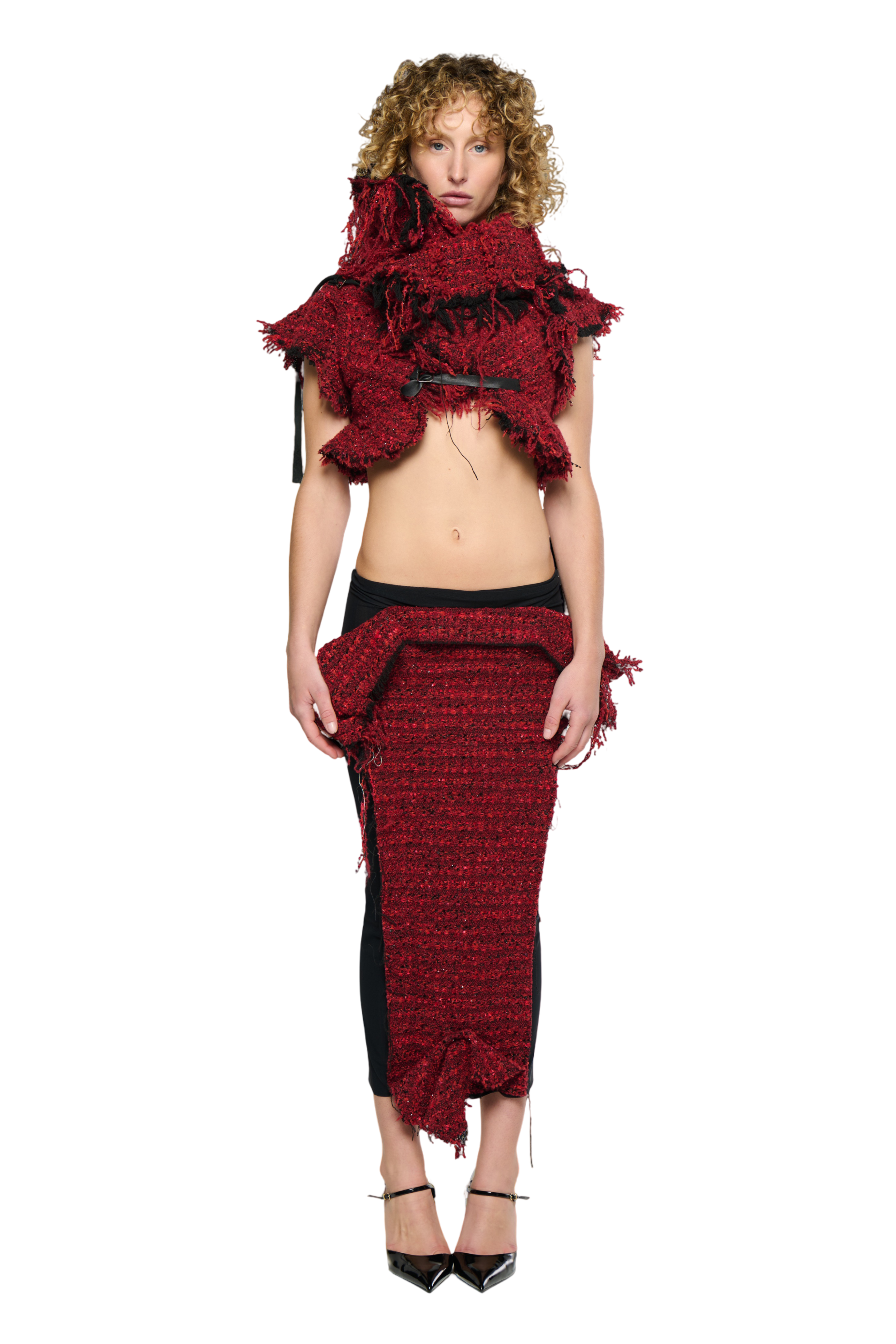Eroded tweed mesh midi skirt - red
