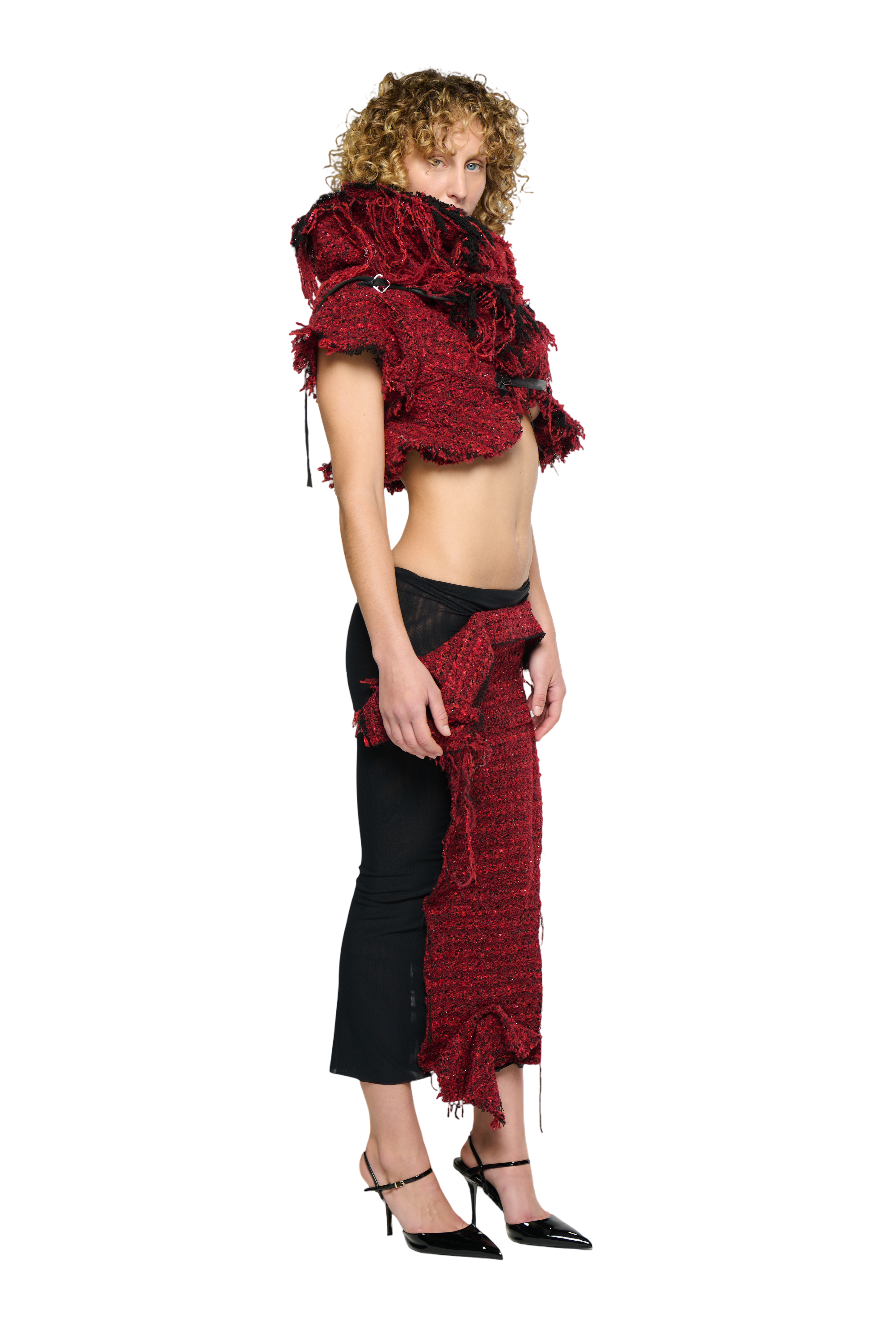 Eroded tweed mesh midi skirt - red