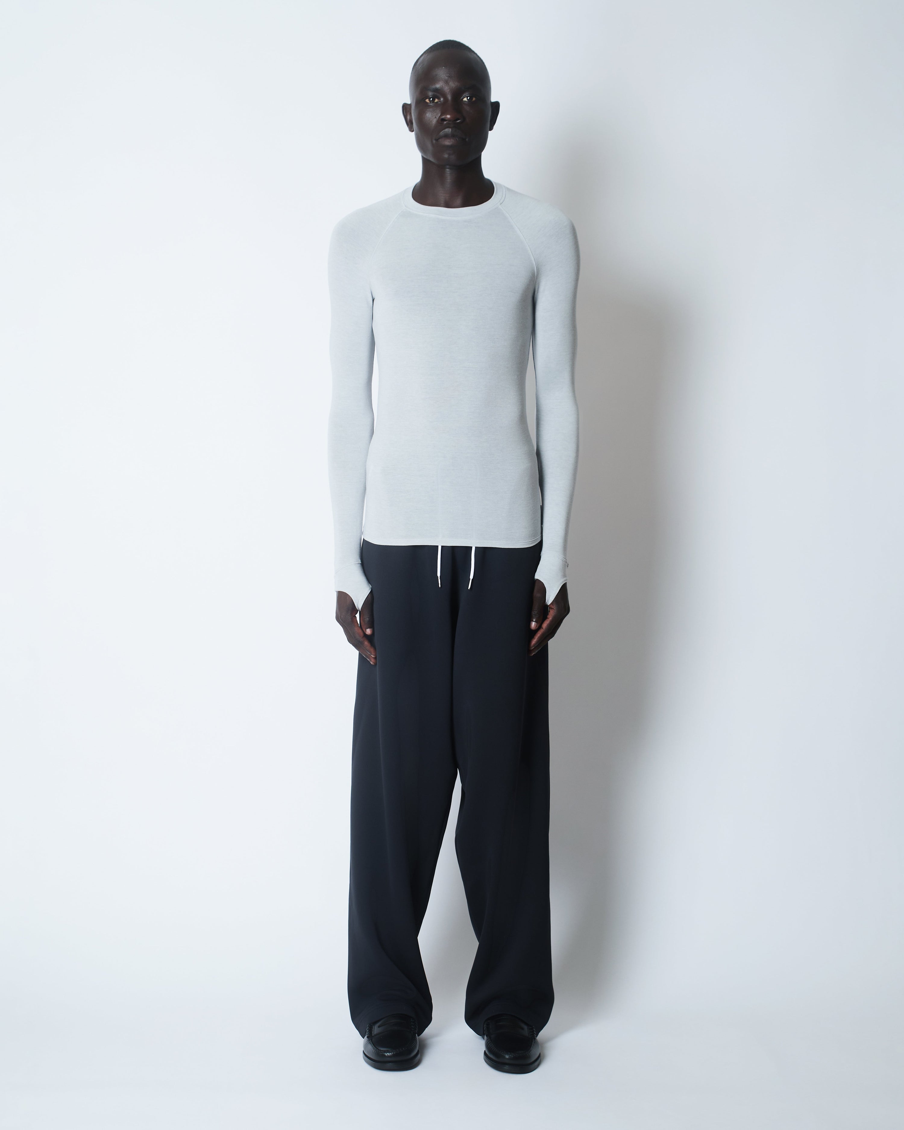 Sheer snug-fit tencel/wool blend compression top light-grey marl