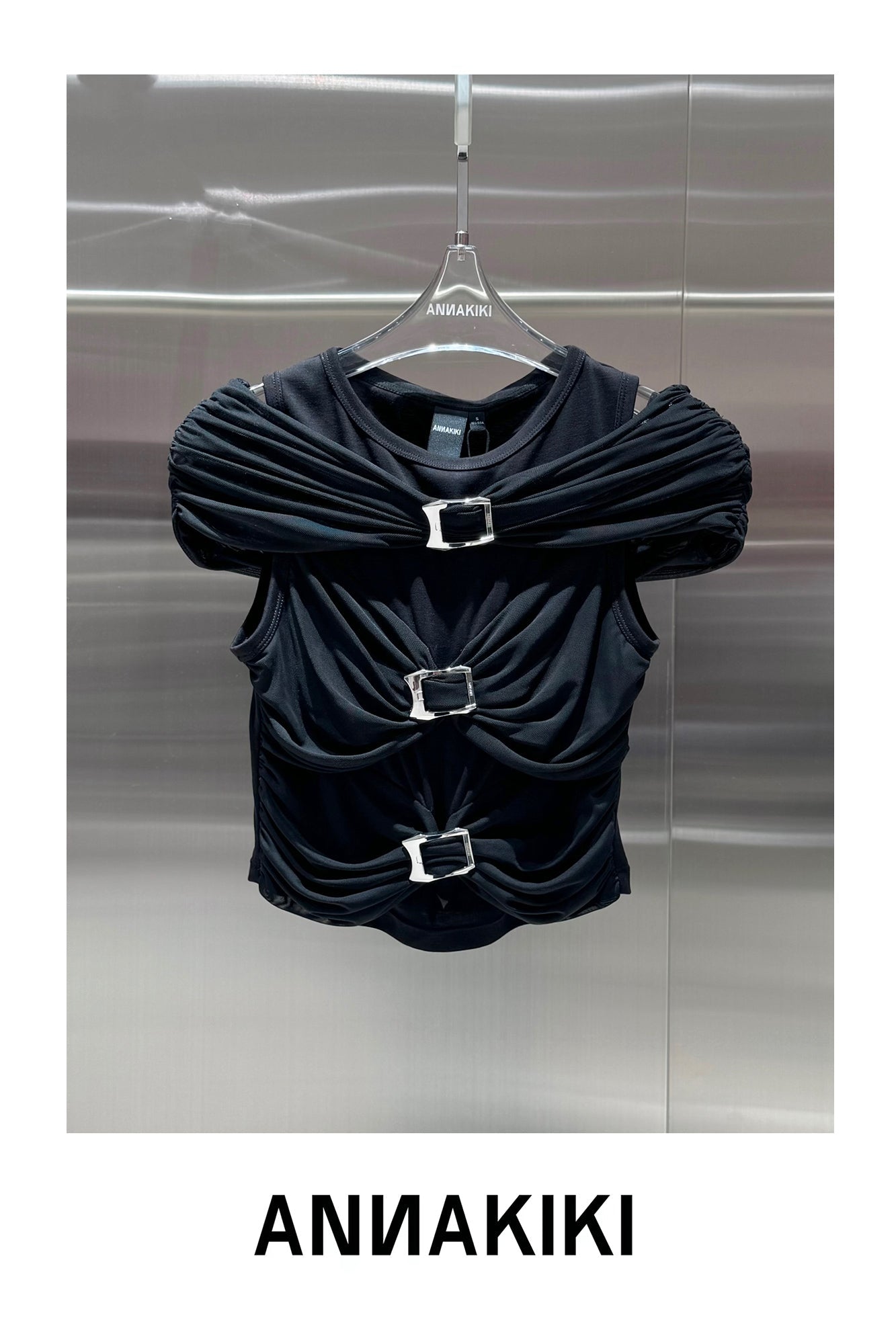 One shoulder pleated mesh spliced top