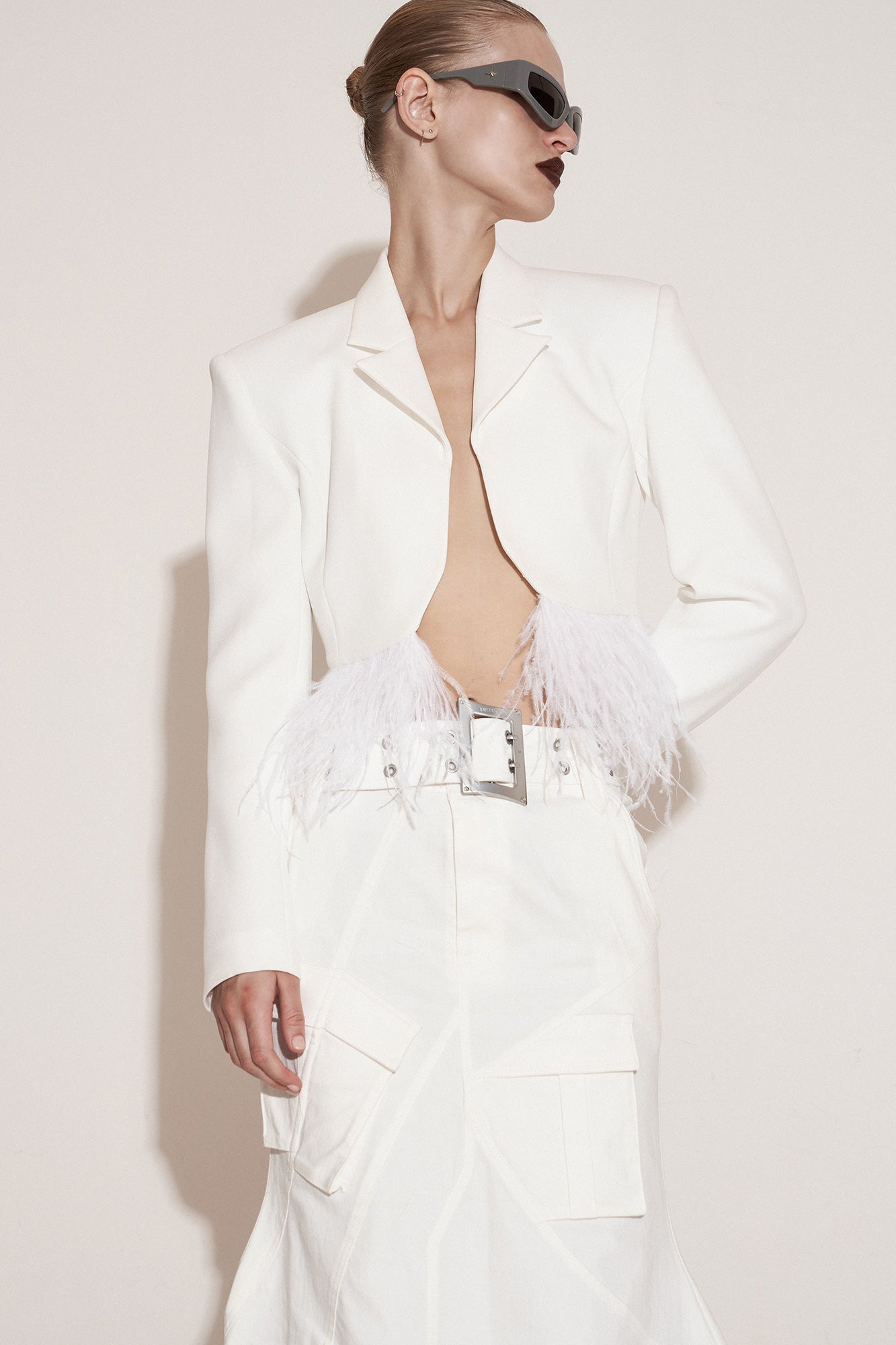 Feather-trimmed cropped blazer
