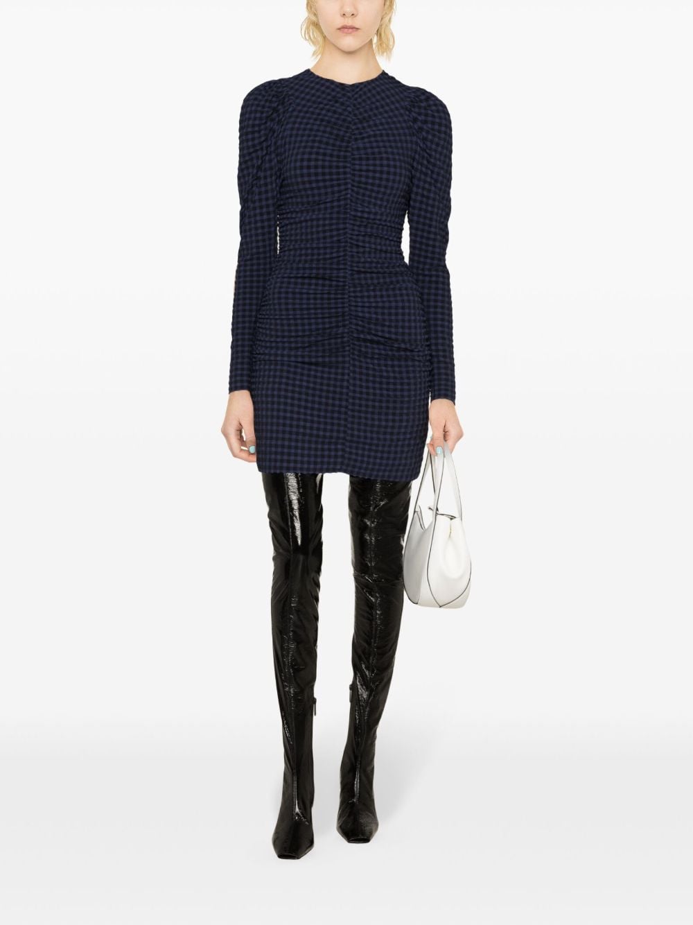 Stretch seersucker o-neck mini dress