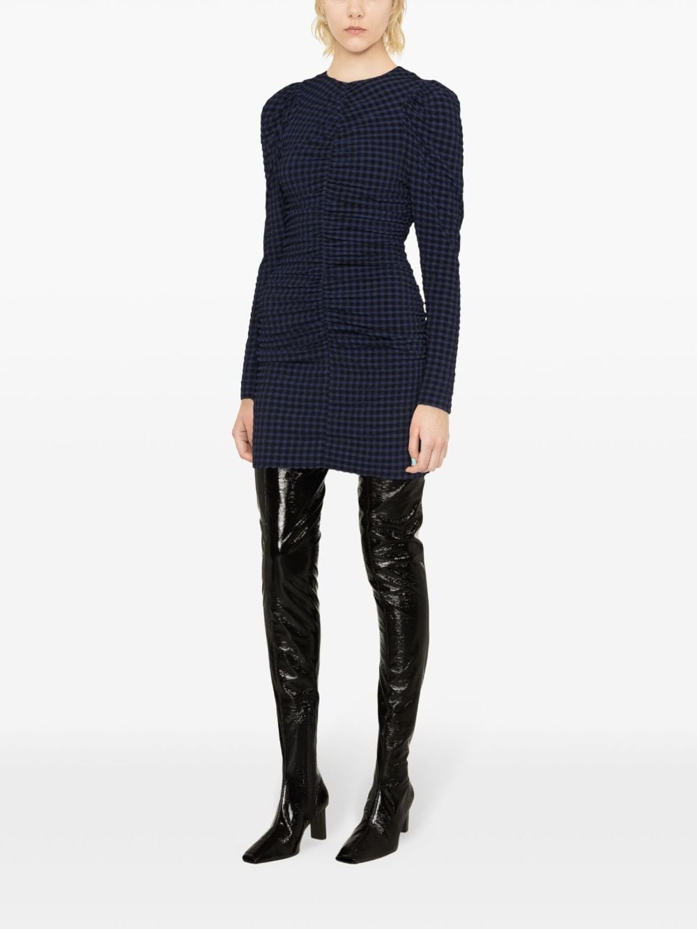 Stretch seersucker o-neck mini dress