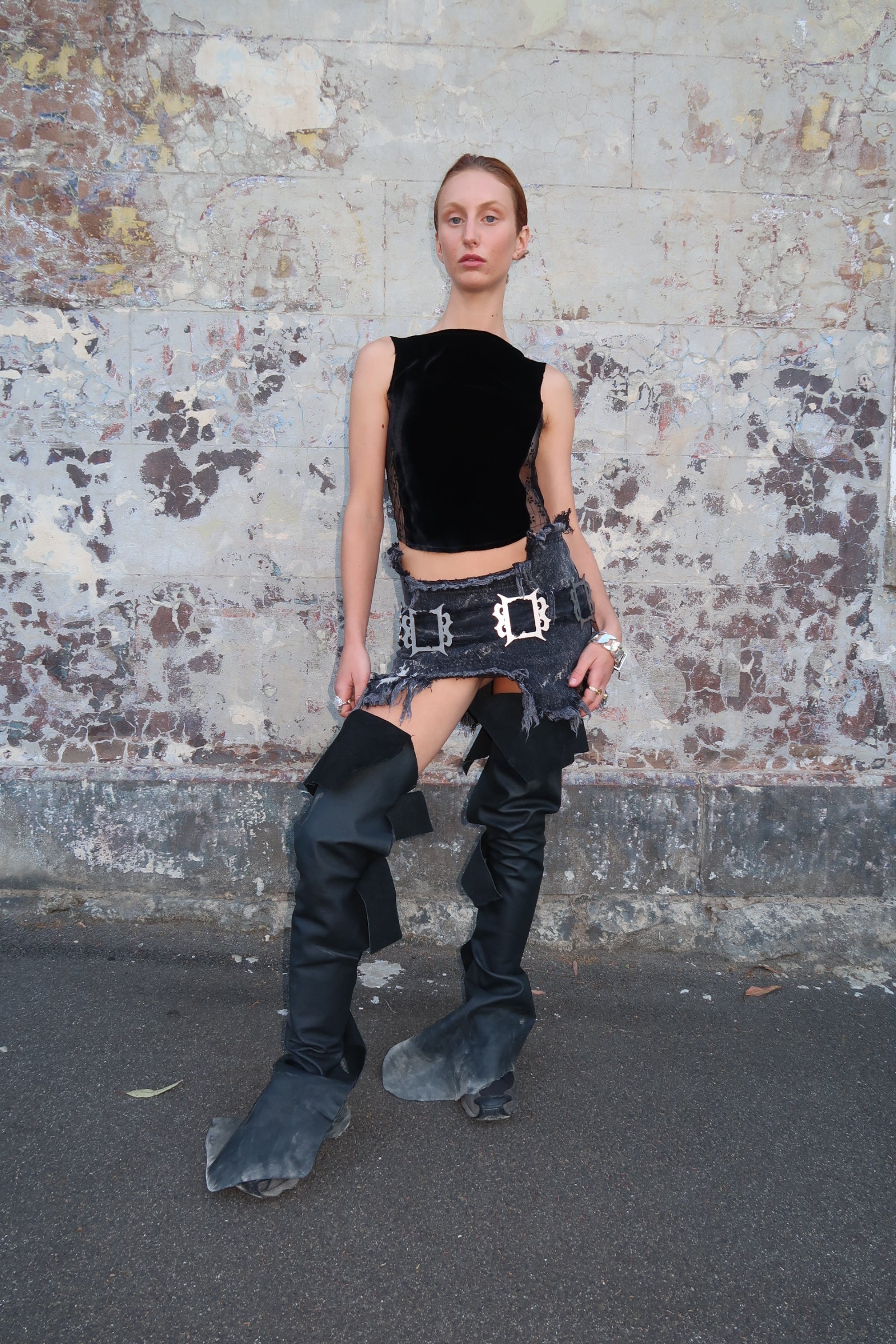 Denim garter skirt