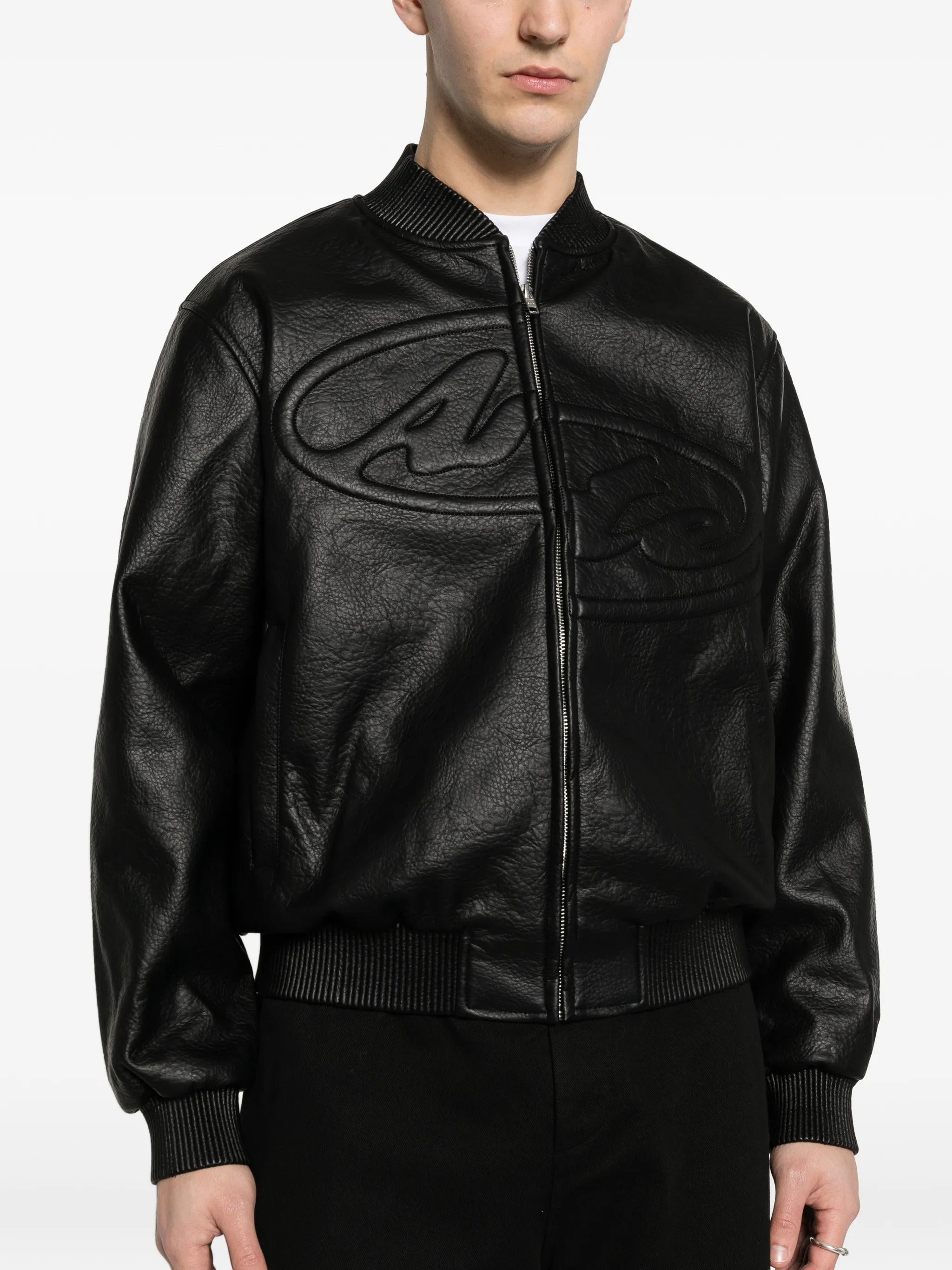 Half logo leather jacket
