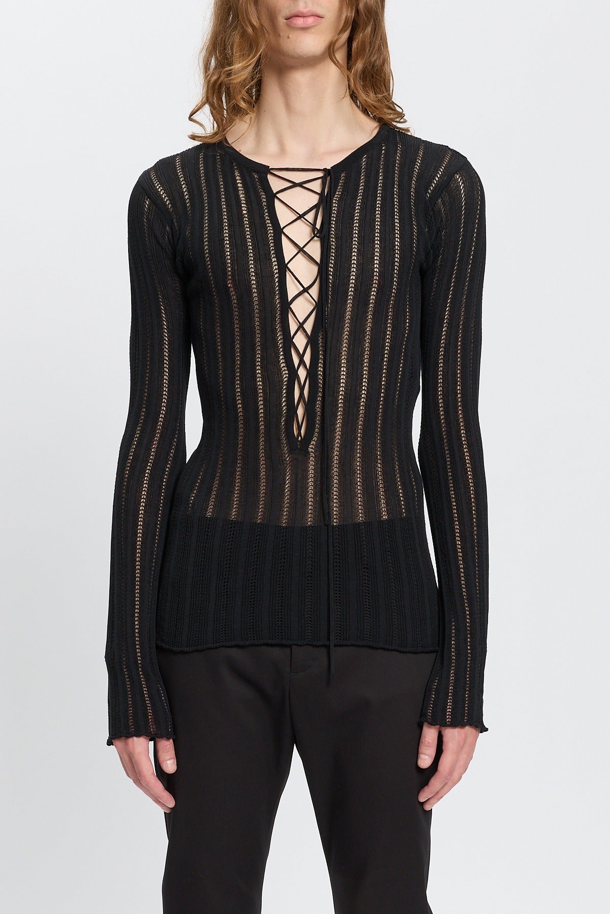 Kell open rib laced up serafino knit top