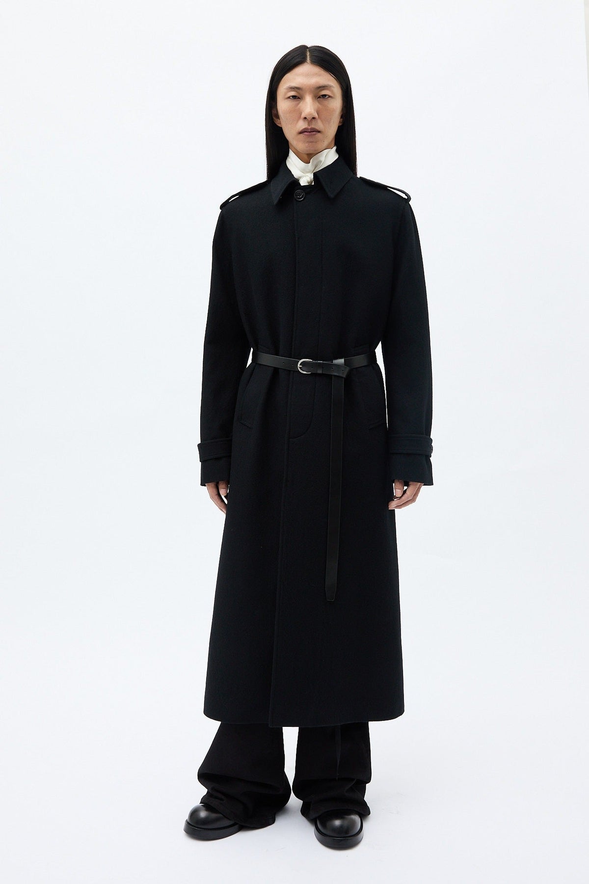 Wilmer car coat with leather belt brushed wool