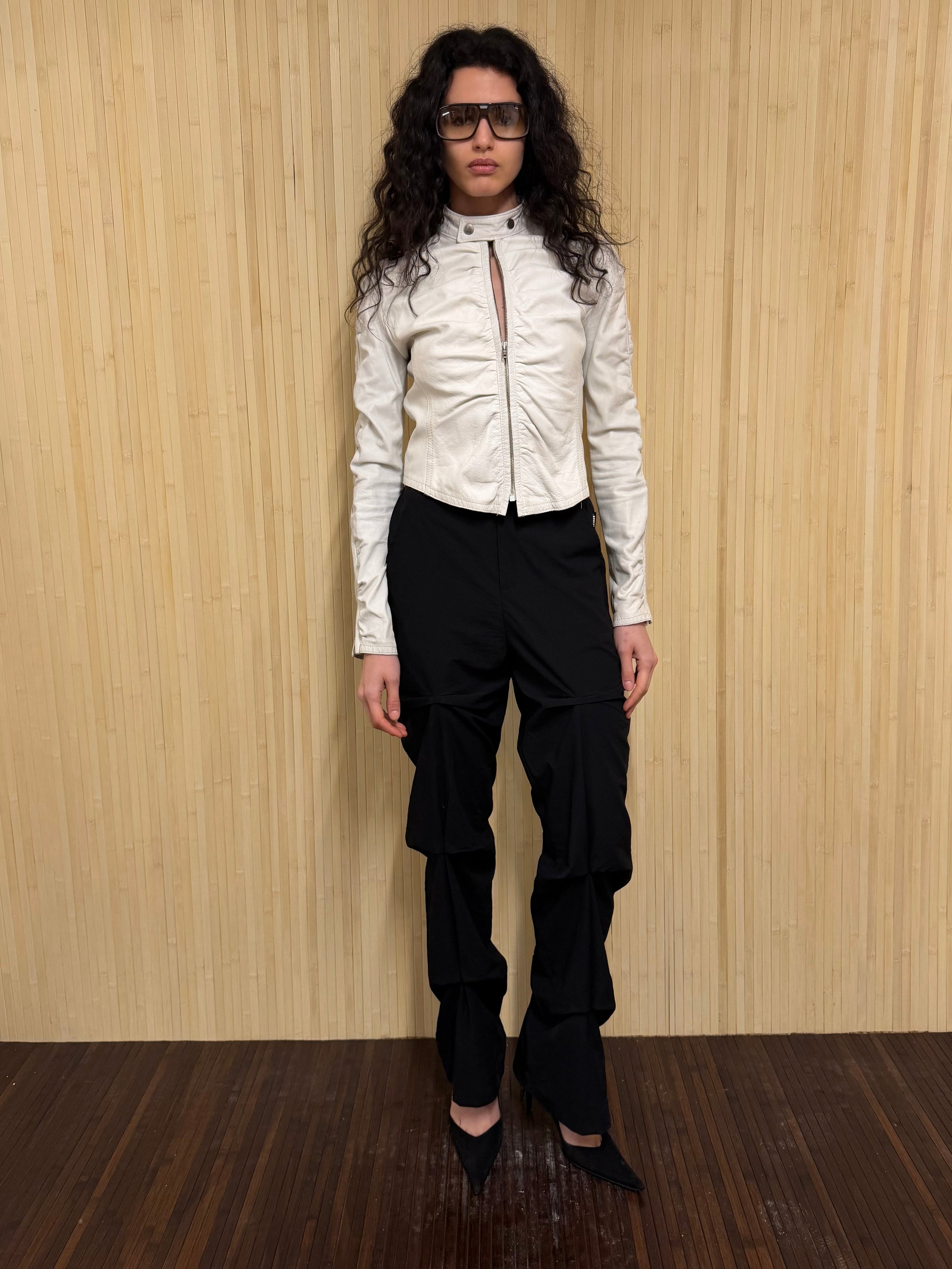 Ruched white leather jacket