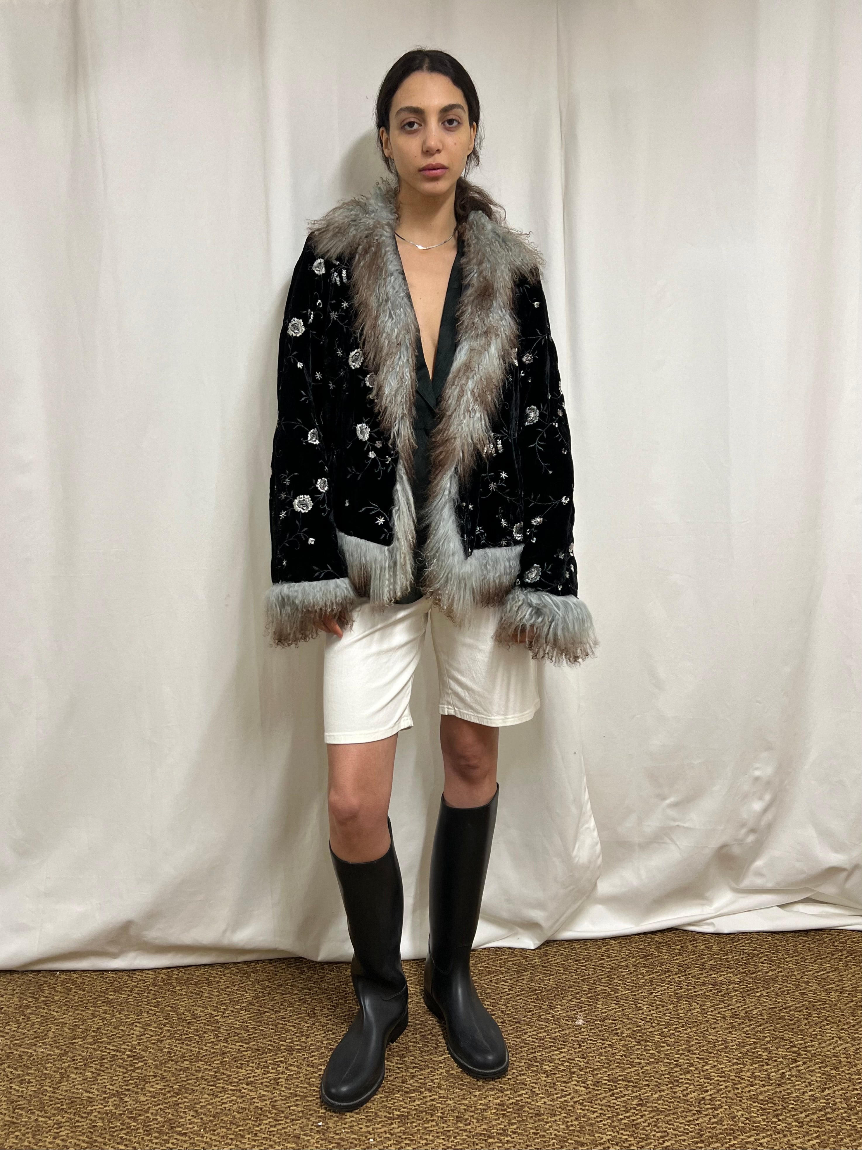 Embroidered velvet fur jacket
