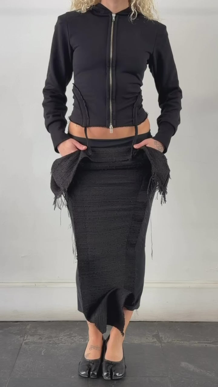 Eroded tweed mesh midi skirt - black