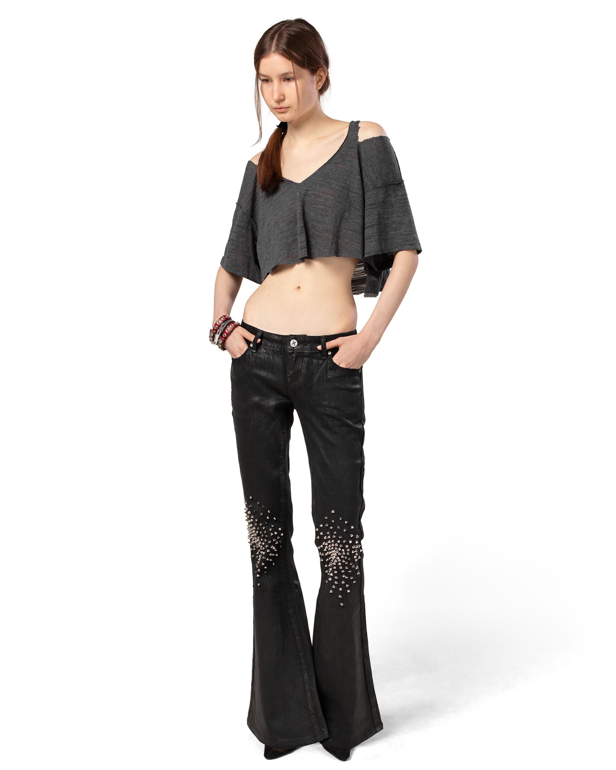 Black waxed spike denim