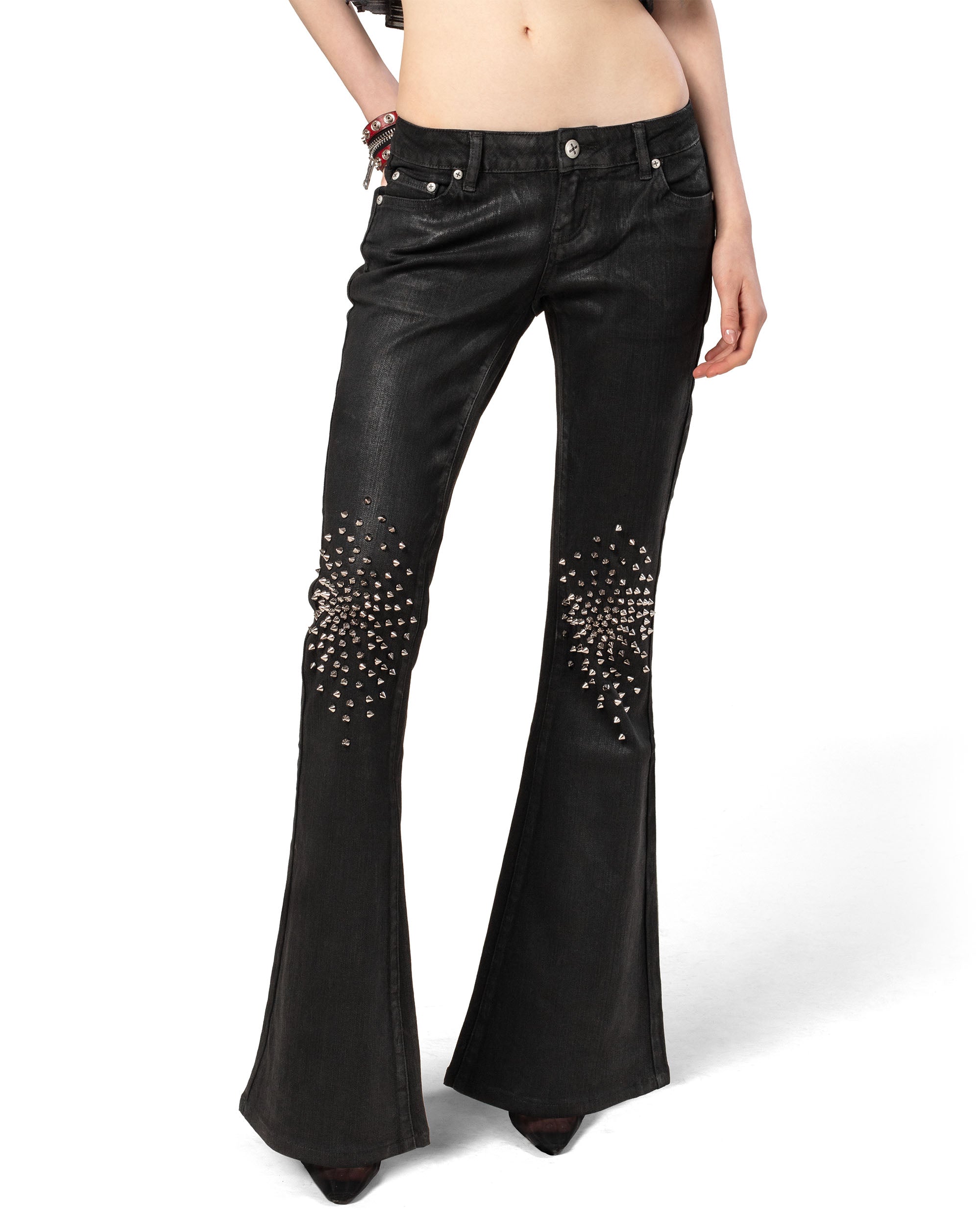 Black waxed spike denim