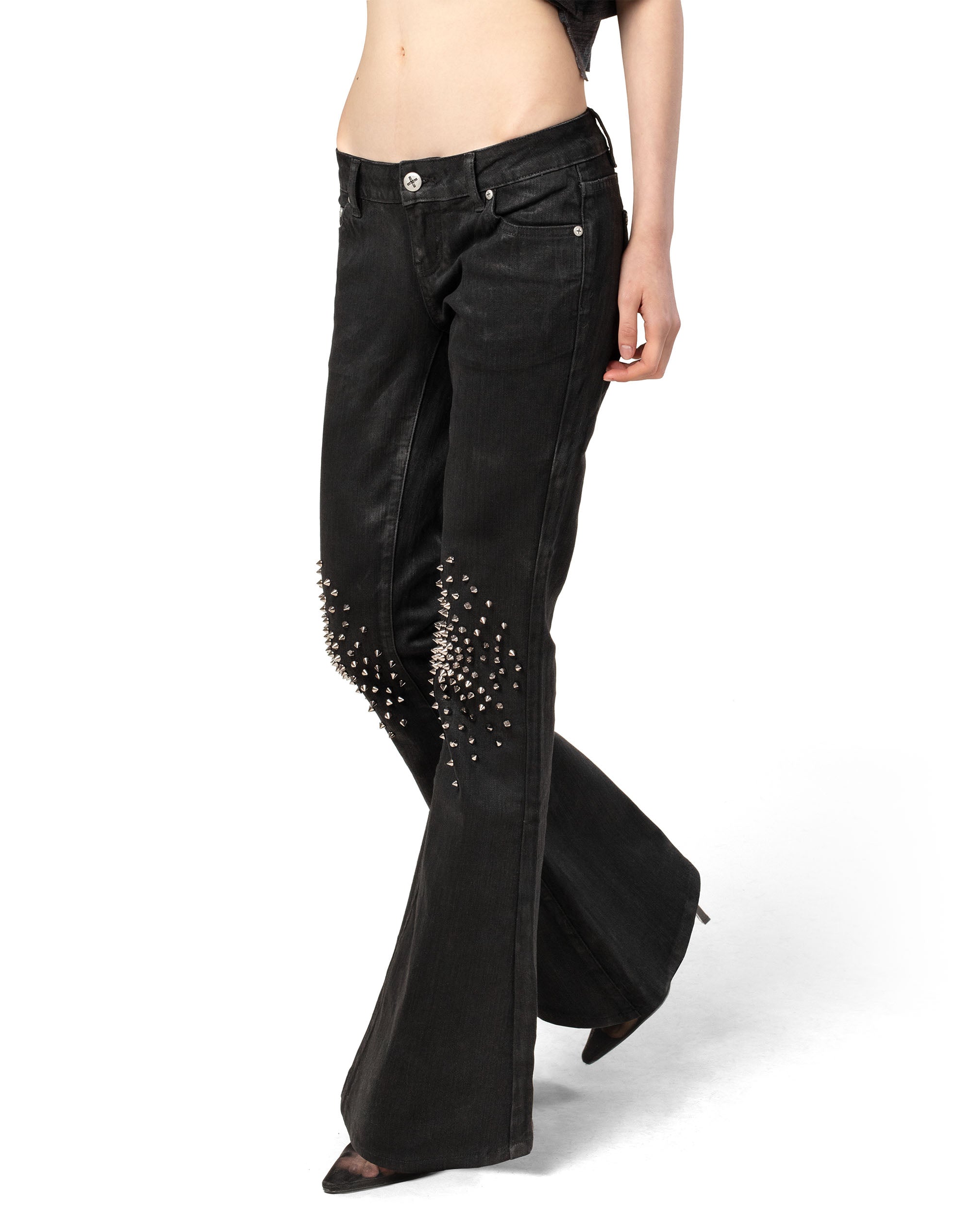 Black waxed spike denim