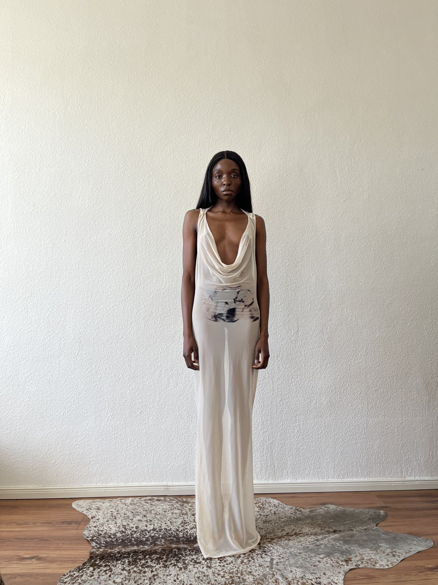 See-through long maxi dress "motherly" / "mother" creme