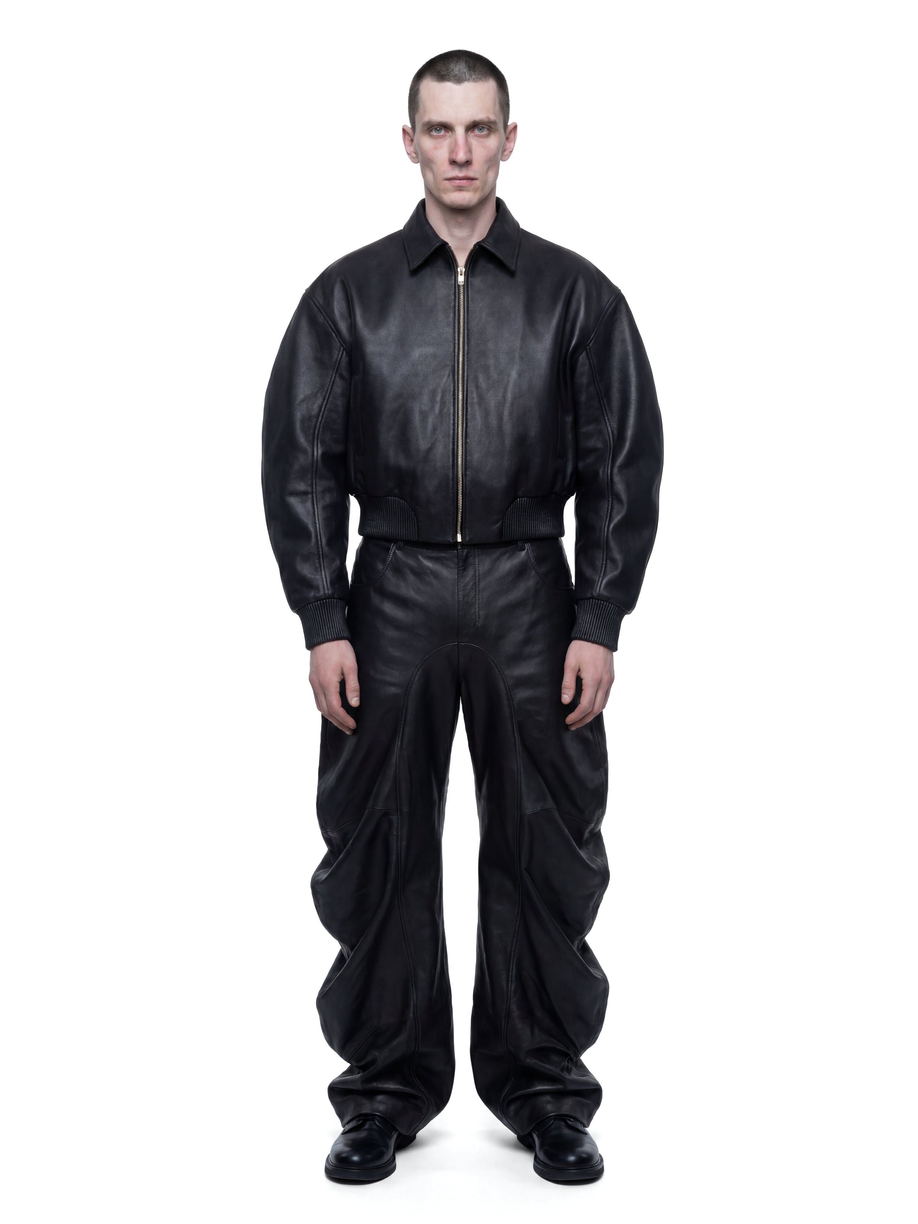 Black deflated leather trousers