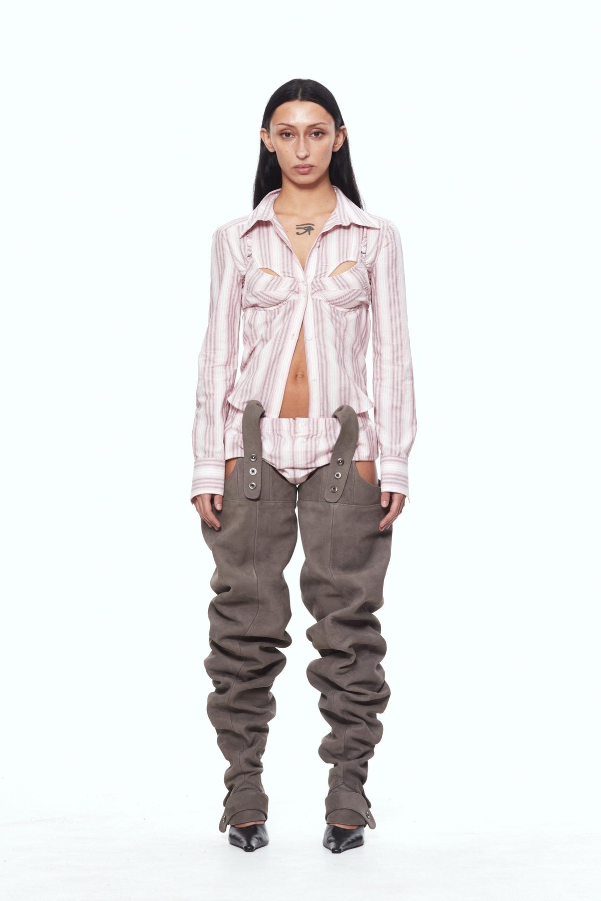 Gray leather gaiters