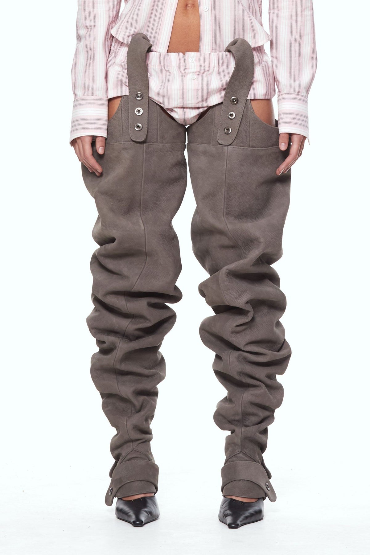 Gray leather gaiters