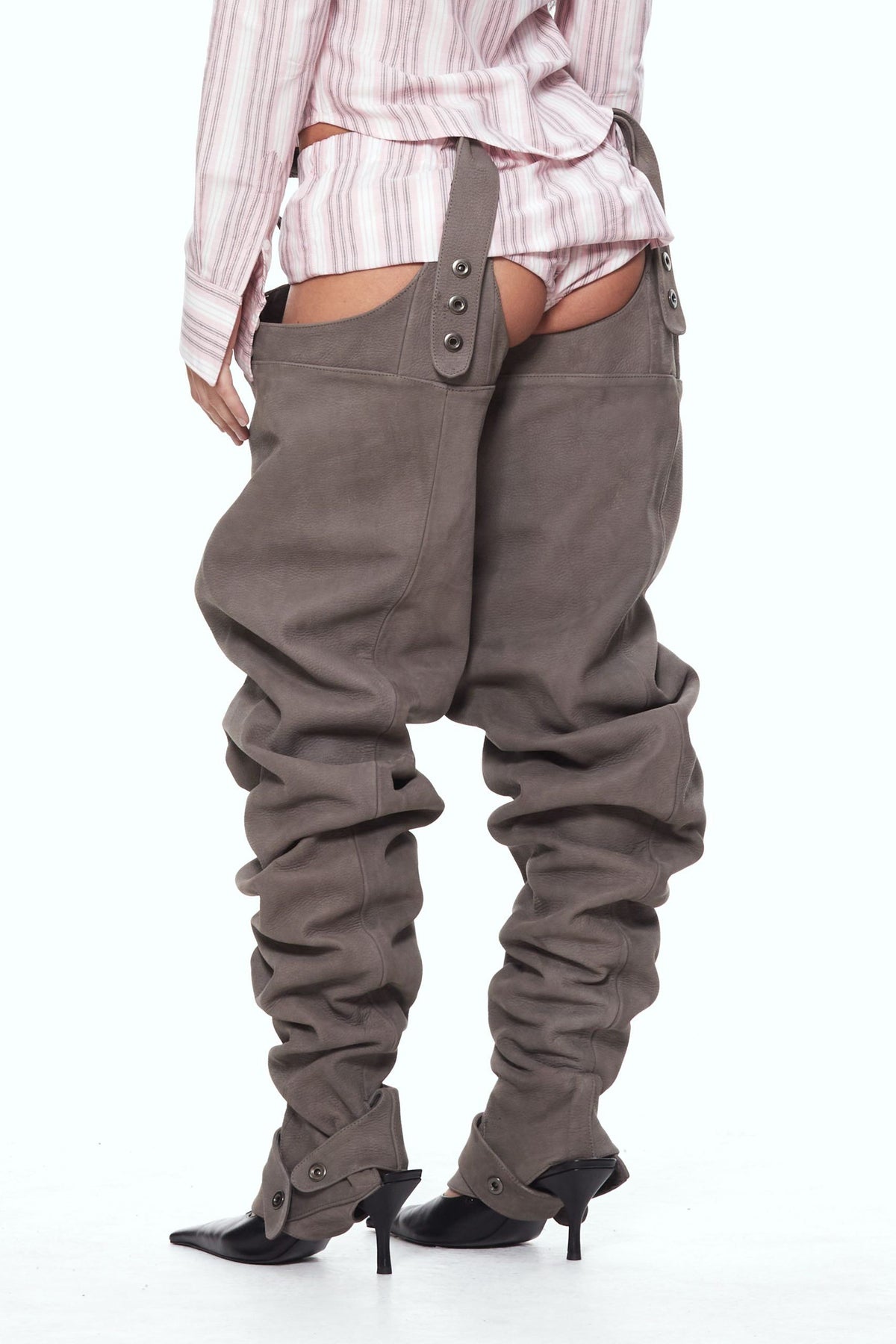 Gray leather gaiters