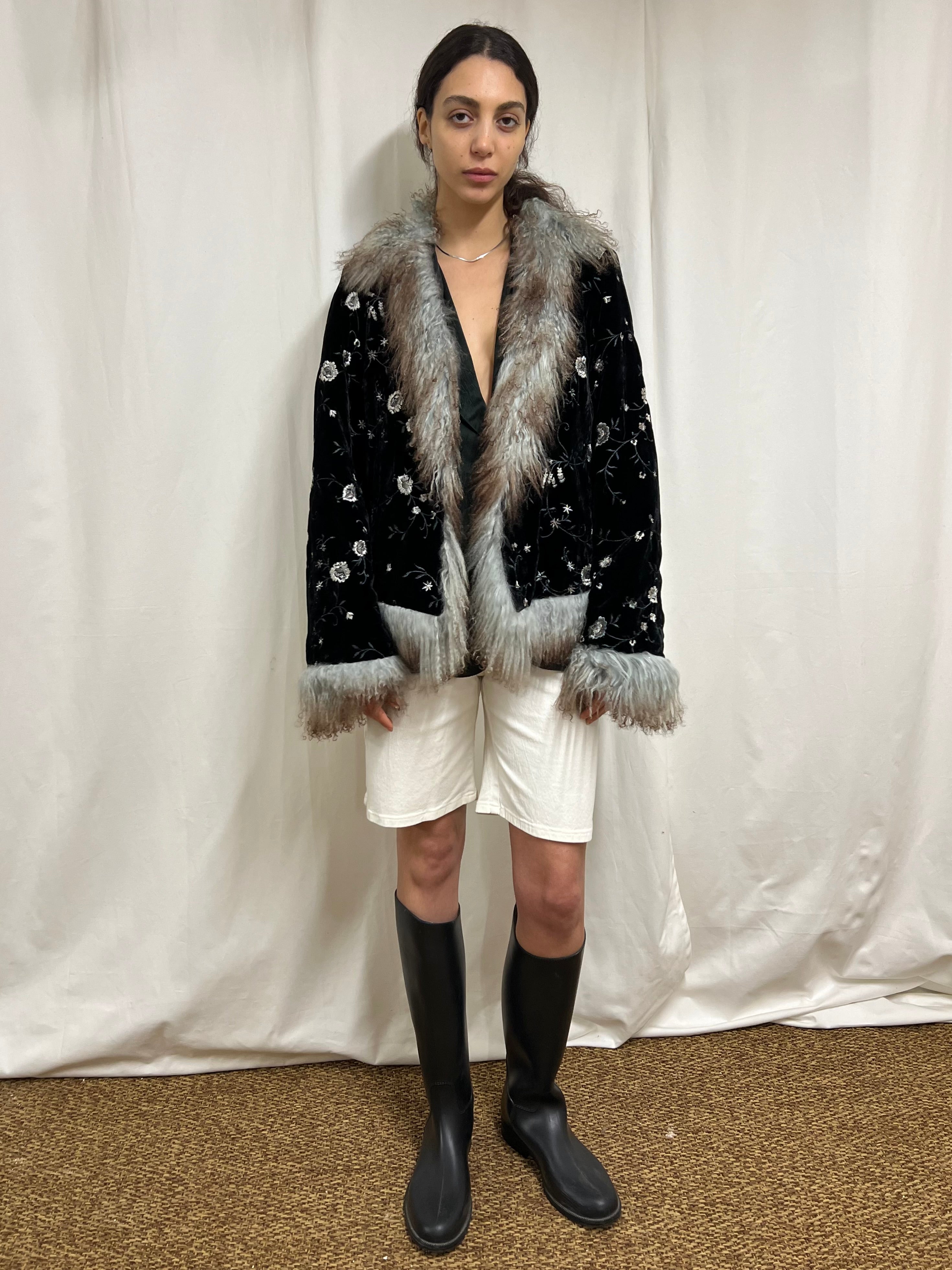 Embroidered velvet fur jacket