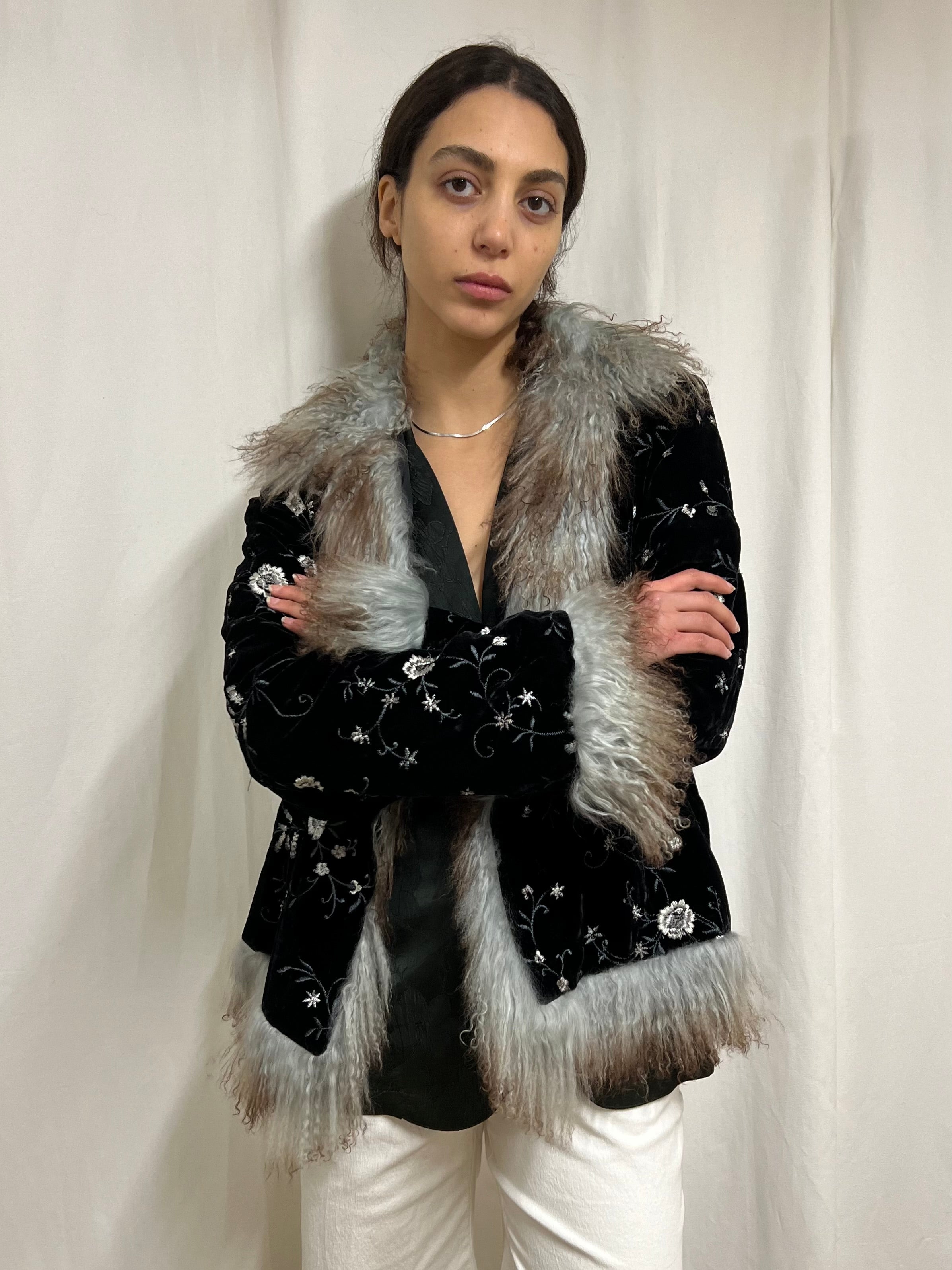 Embroidered velvet fur jacket