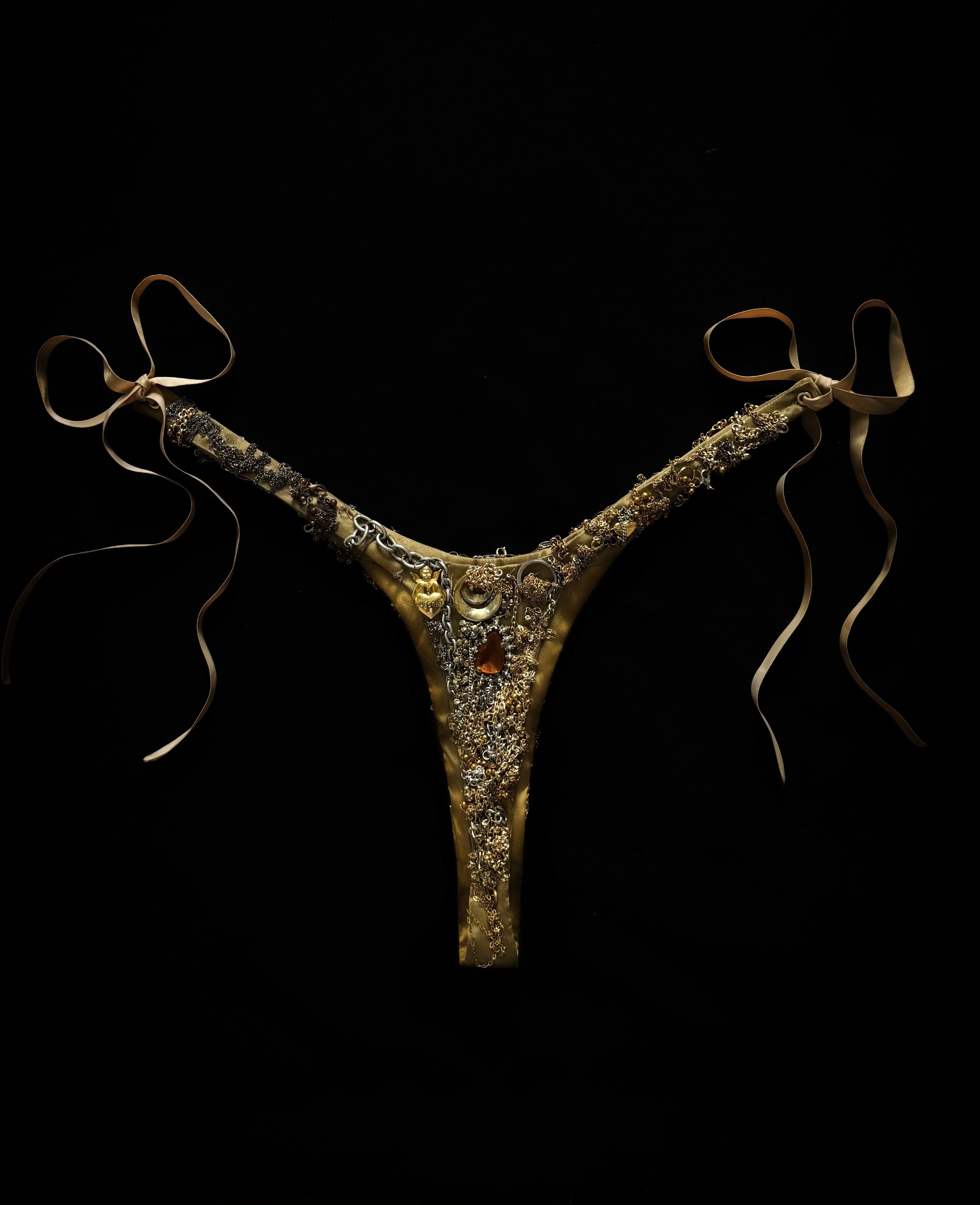 Embroidered silk thong