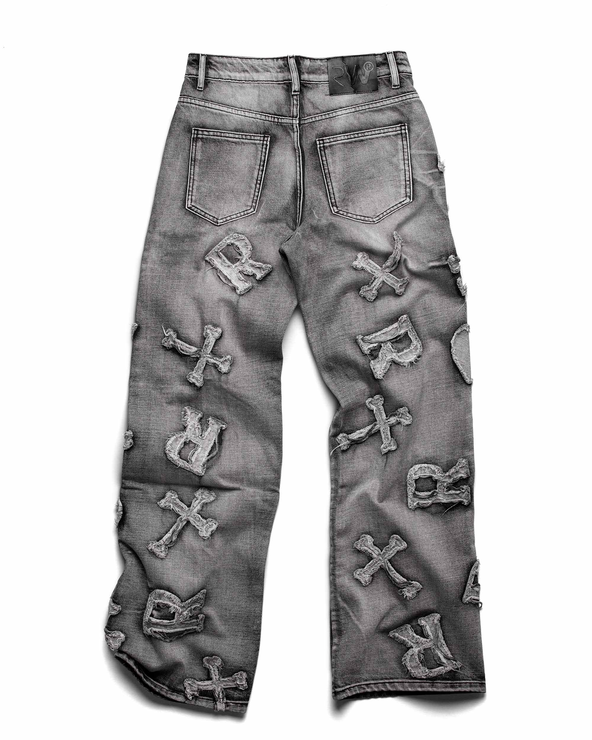 Washed black patch denim