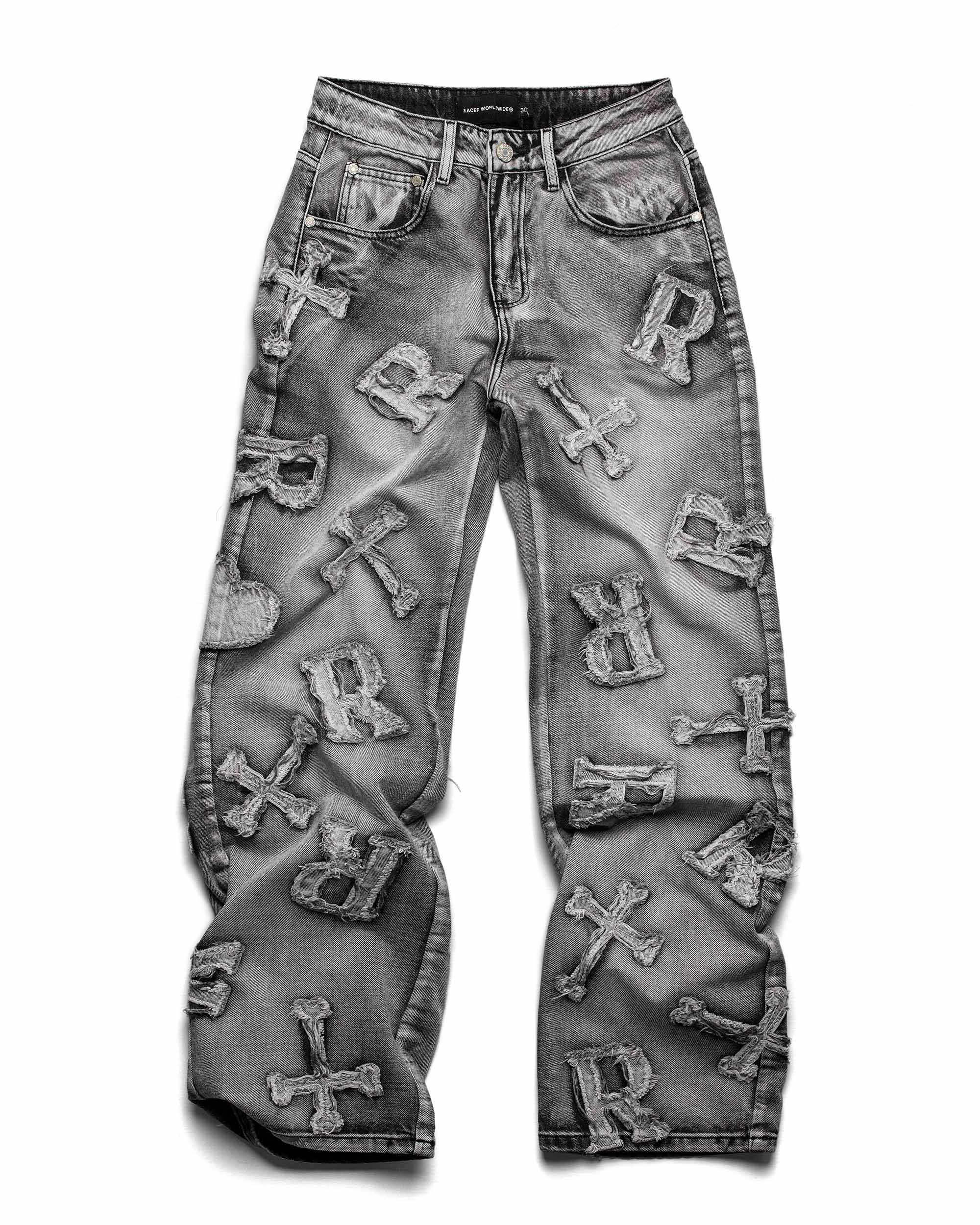 Washed black patch denim