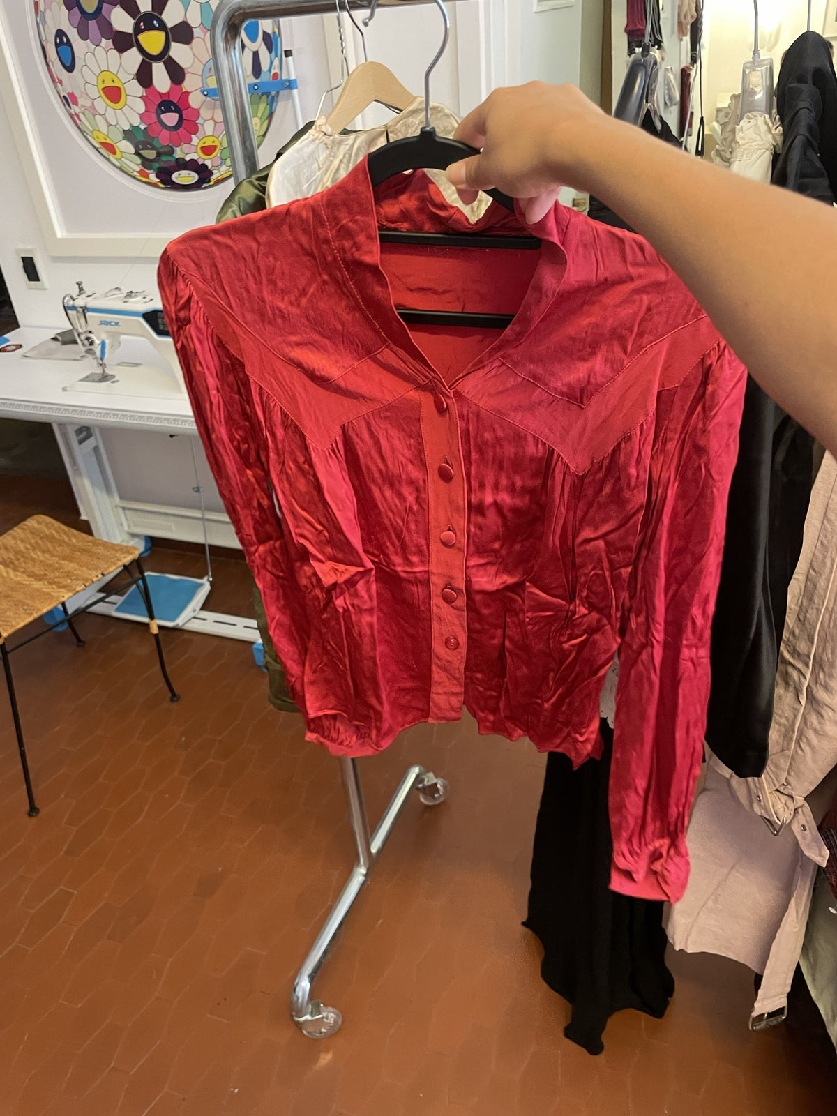 Vintage red satin silk blouse 1930s