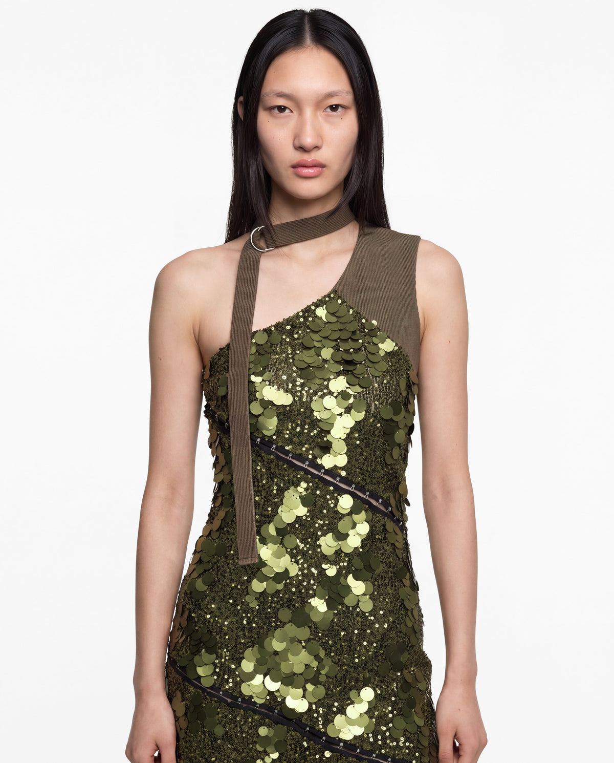 Asymmetric sequin dress military green