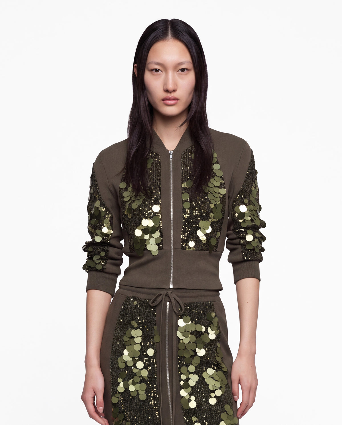 Sequin zipped longsleeve military green