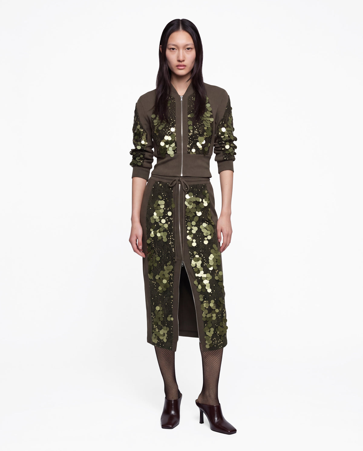 Sequin zipped longsleeve military green