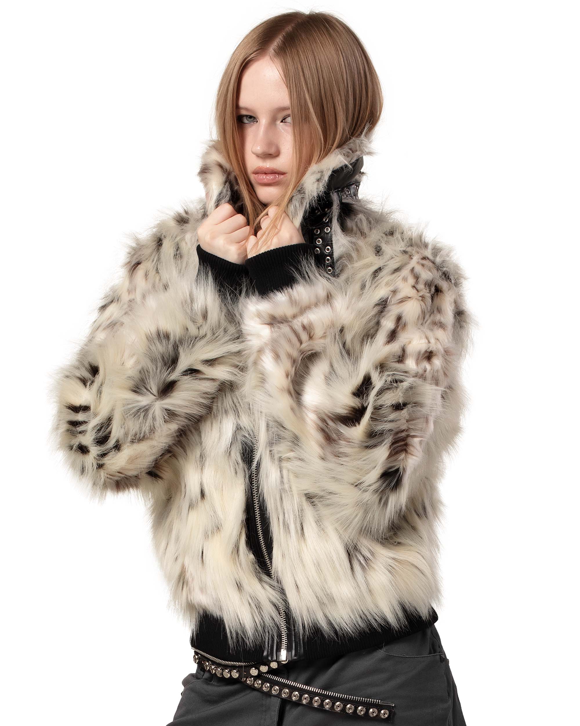 Snow lynx fur bomber