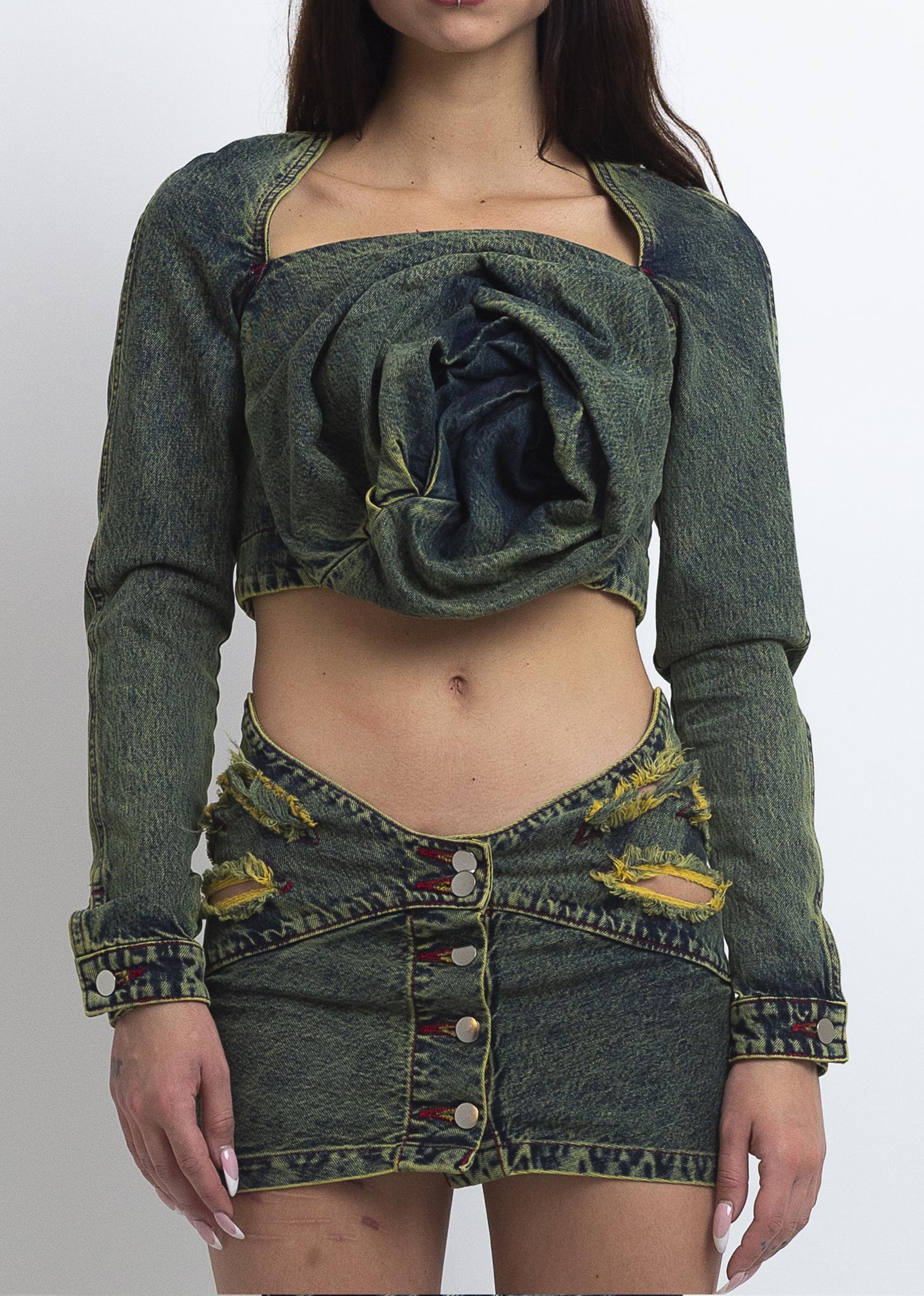 Denim rose drape top