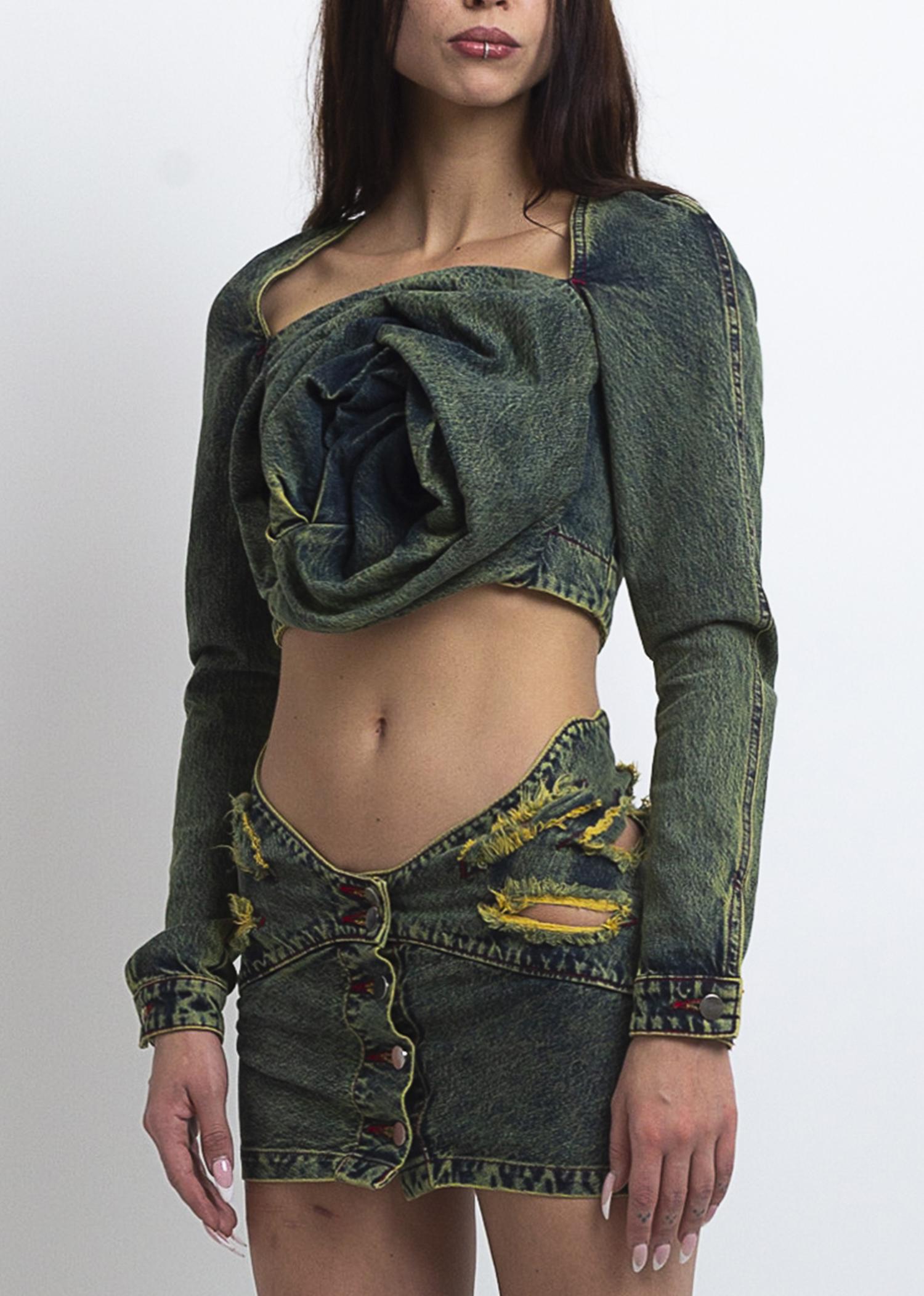 Denim rose drape top