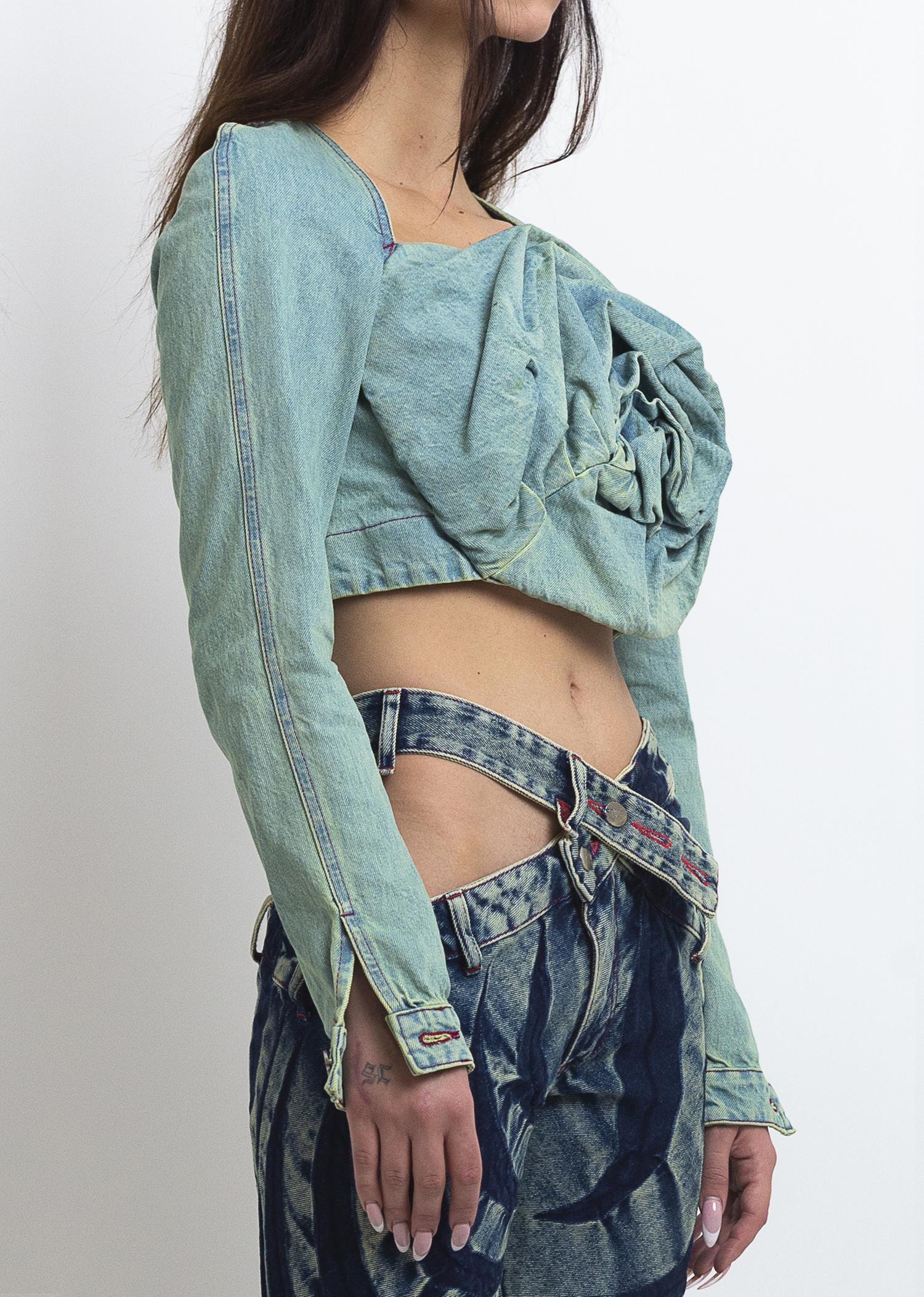 Denim rose drape top