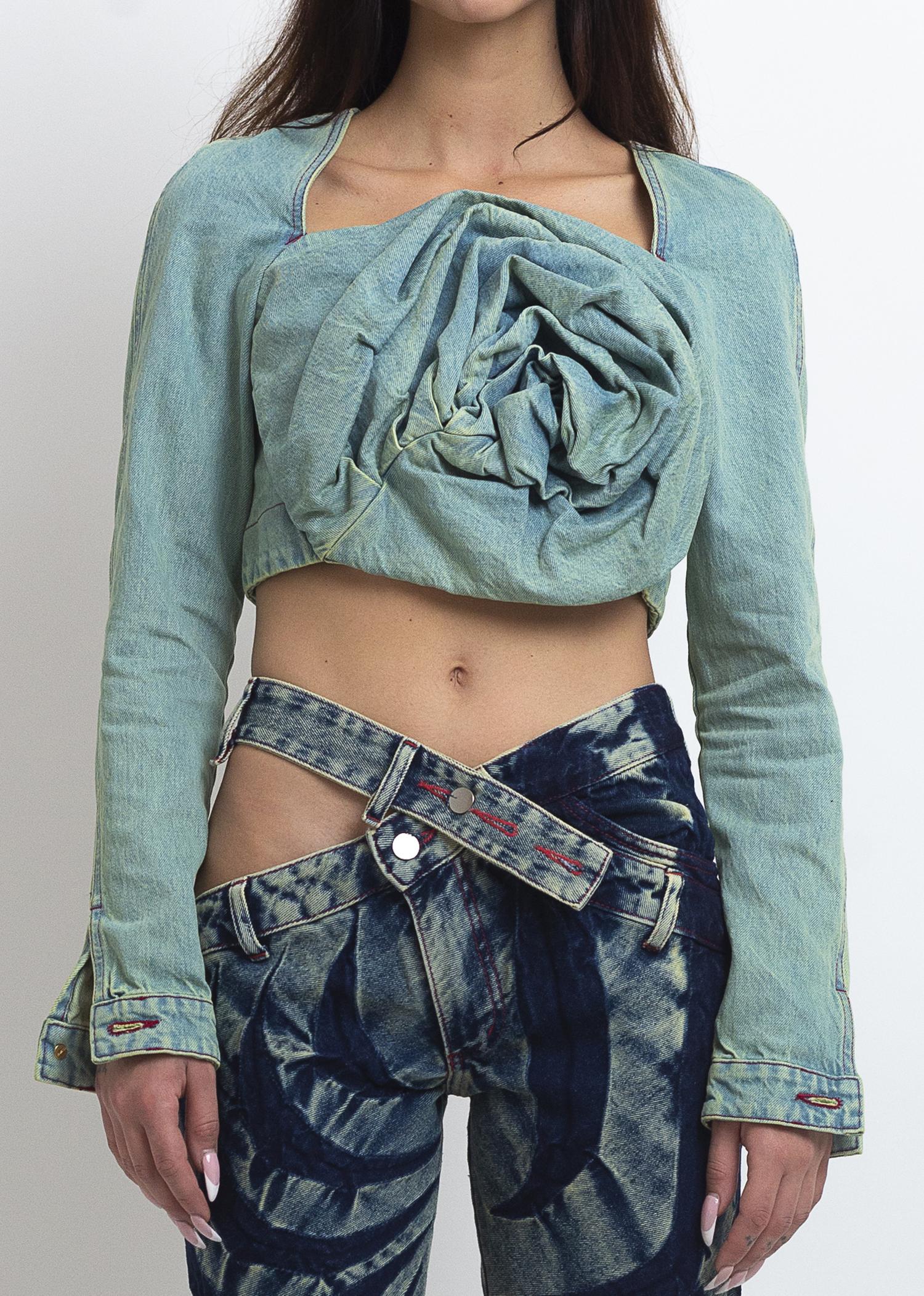 Denim rose drape top