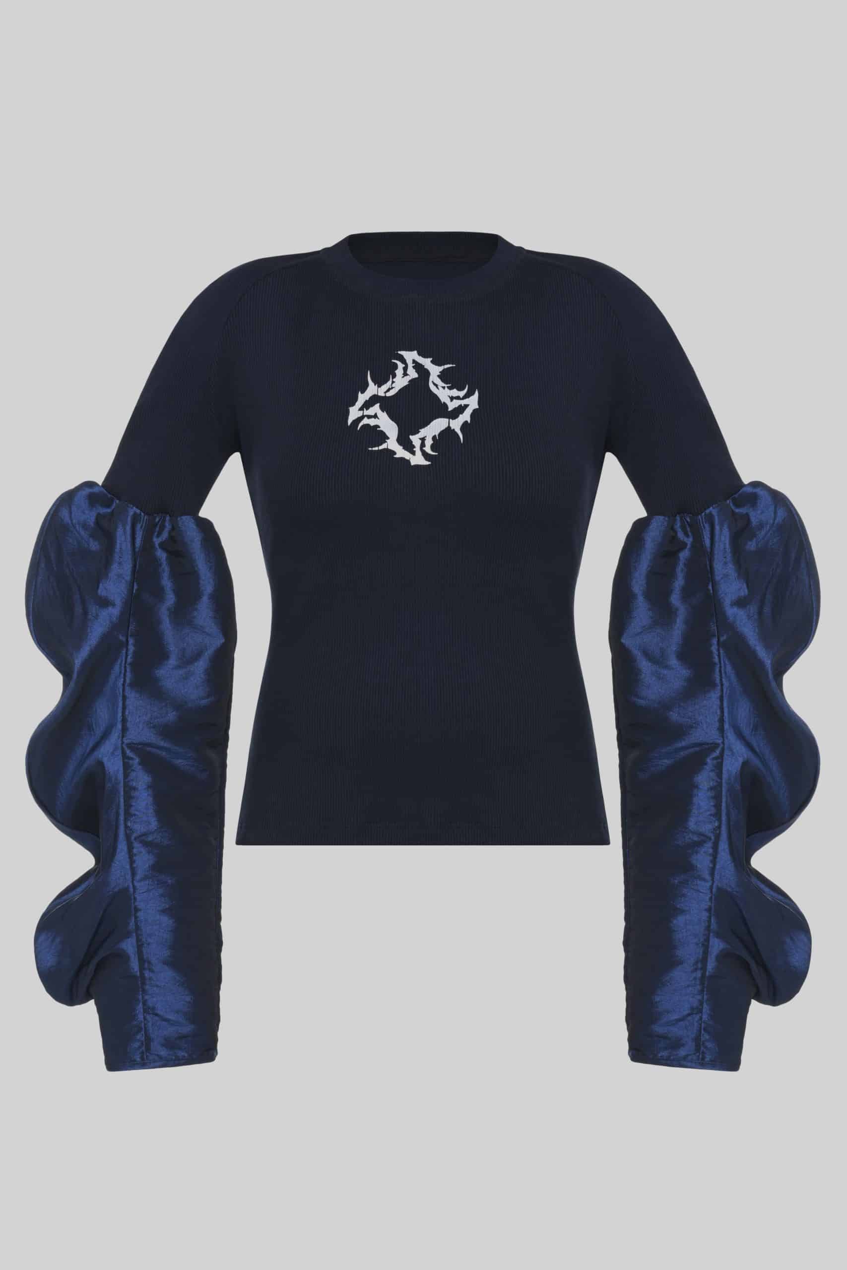 Navy long sleeve top with ruched satin sleeves