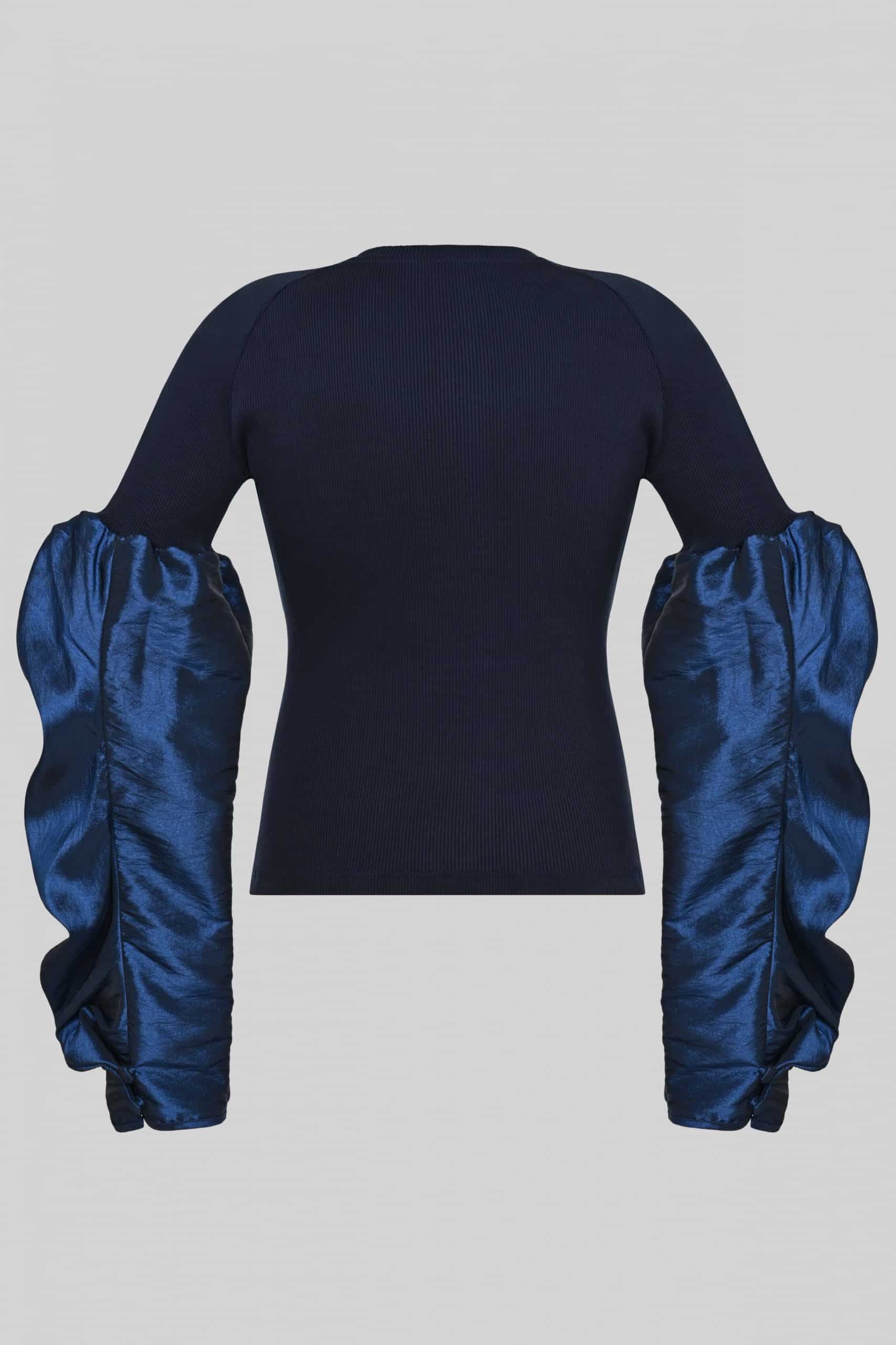 Navy long sleeve top with ruched satin sleeves