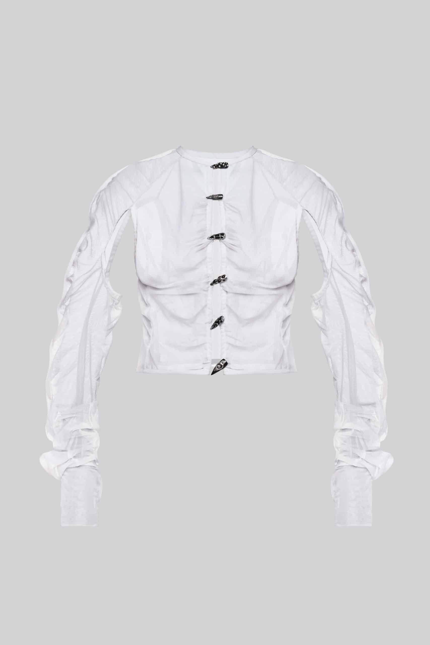 Sheer white blouse with nail buttons