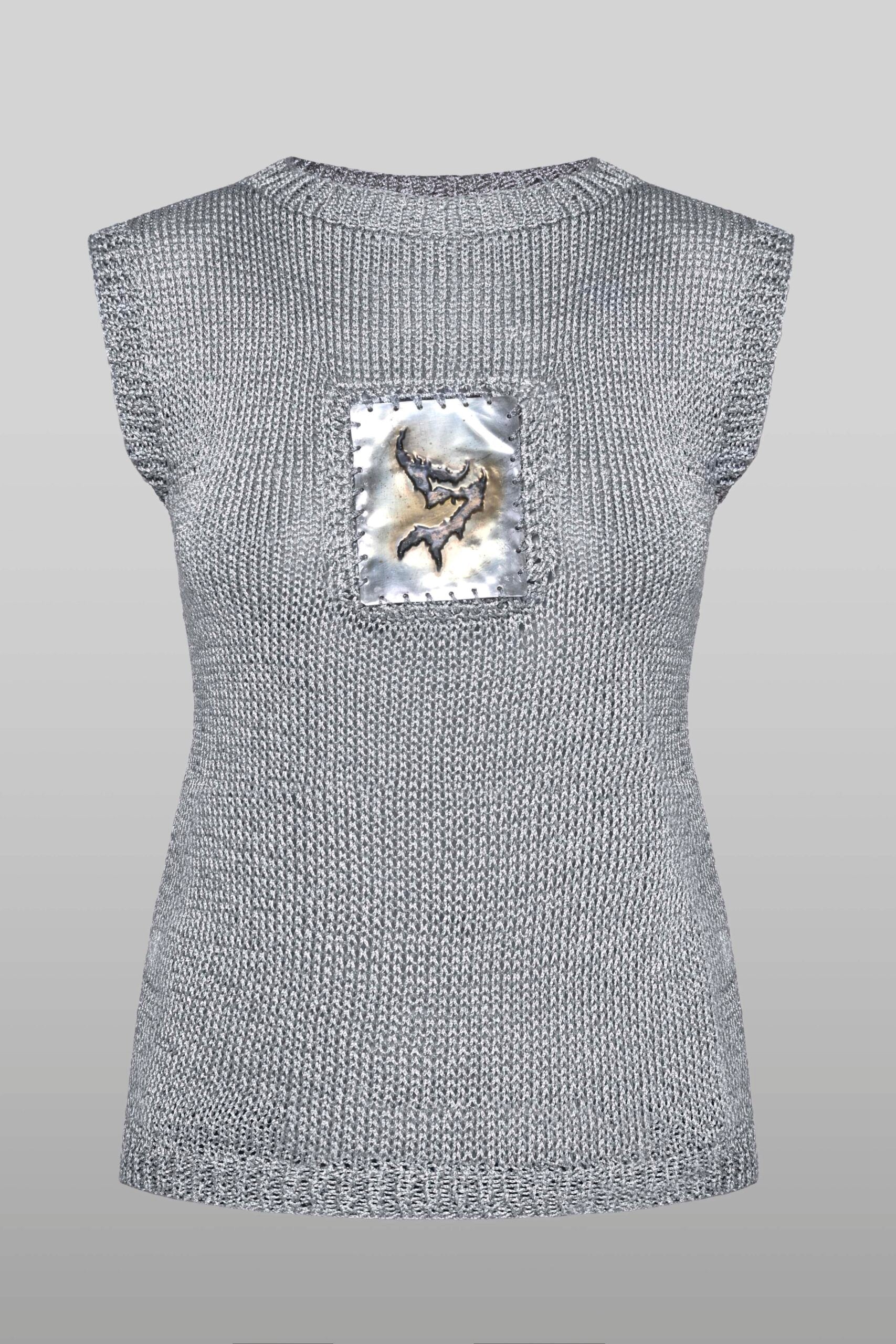 Metallic embossed logo knit top in gray