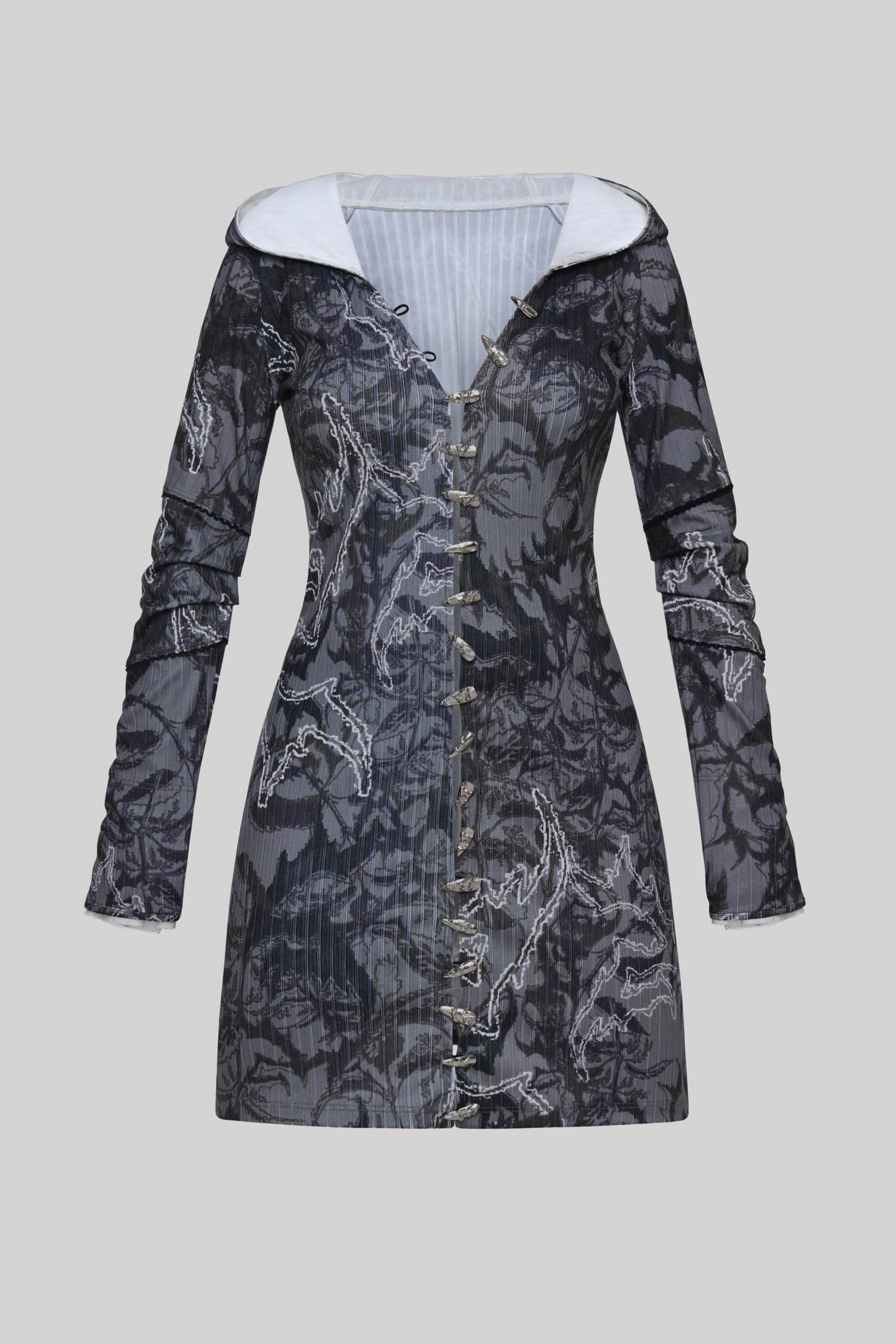 Hooded symbolic print maxi dress with nail buttons