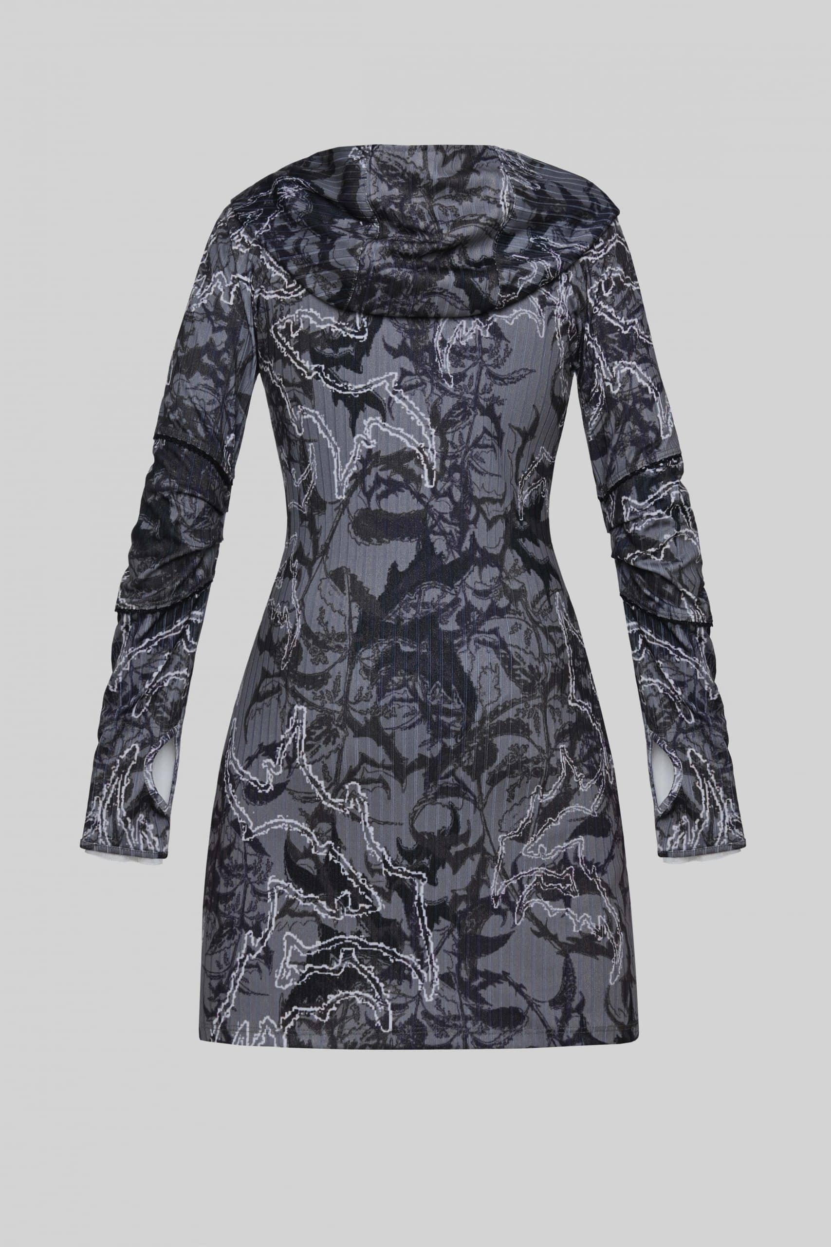Hooded symbolic print maxi dress with nail buttons