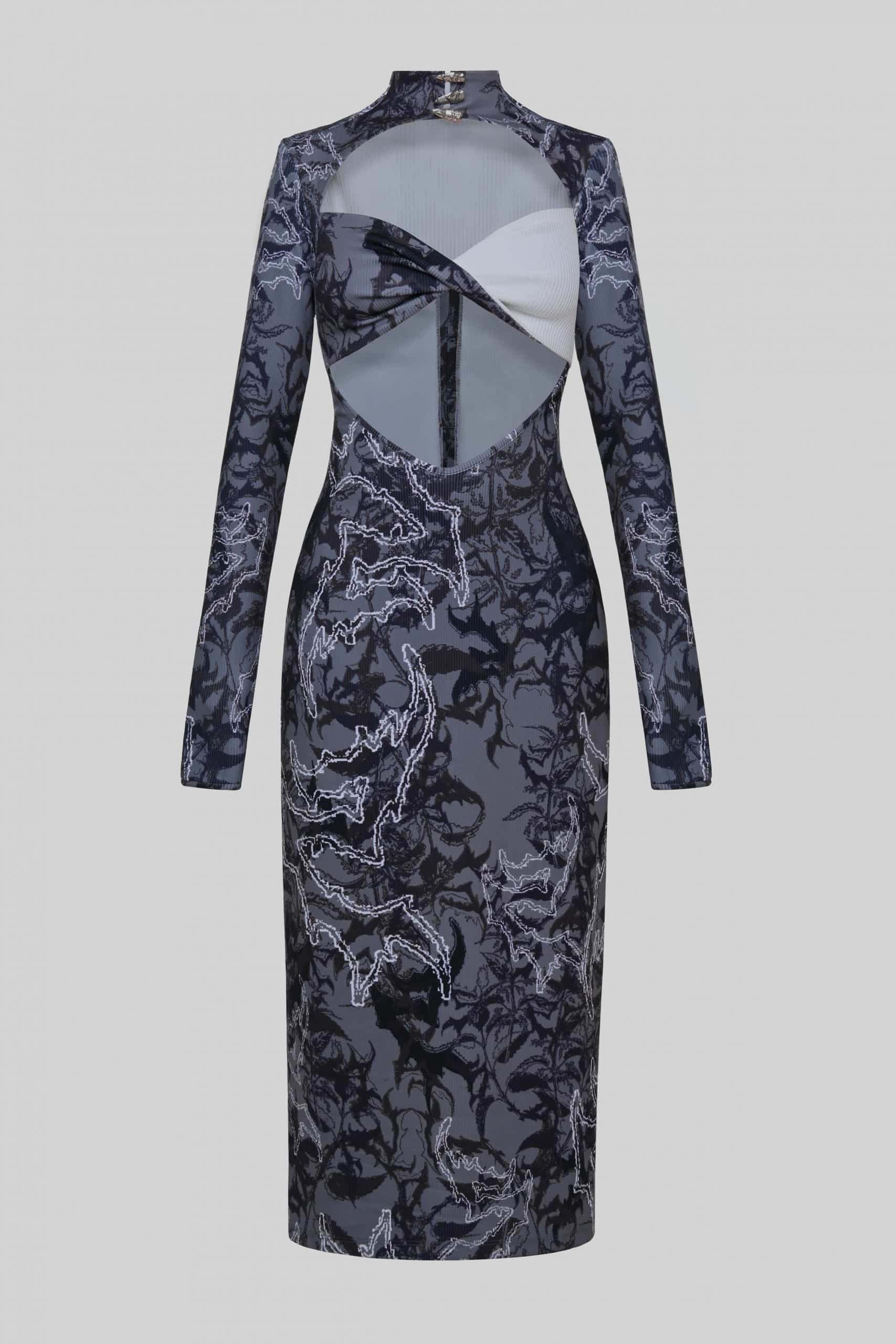 Symbolic camo asymmetric cut-out dress