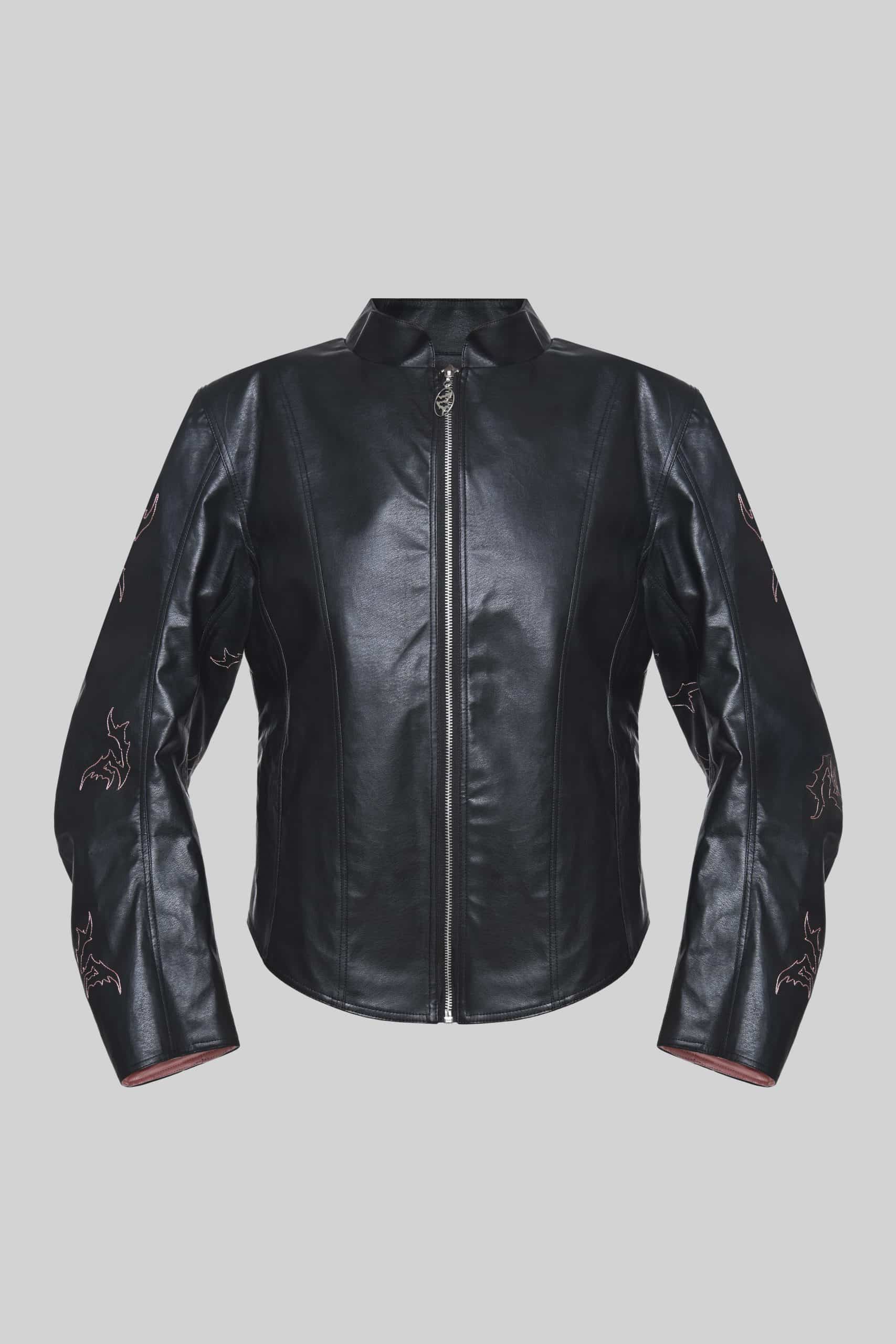 Black embroidered  biker jacket