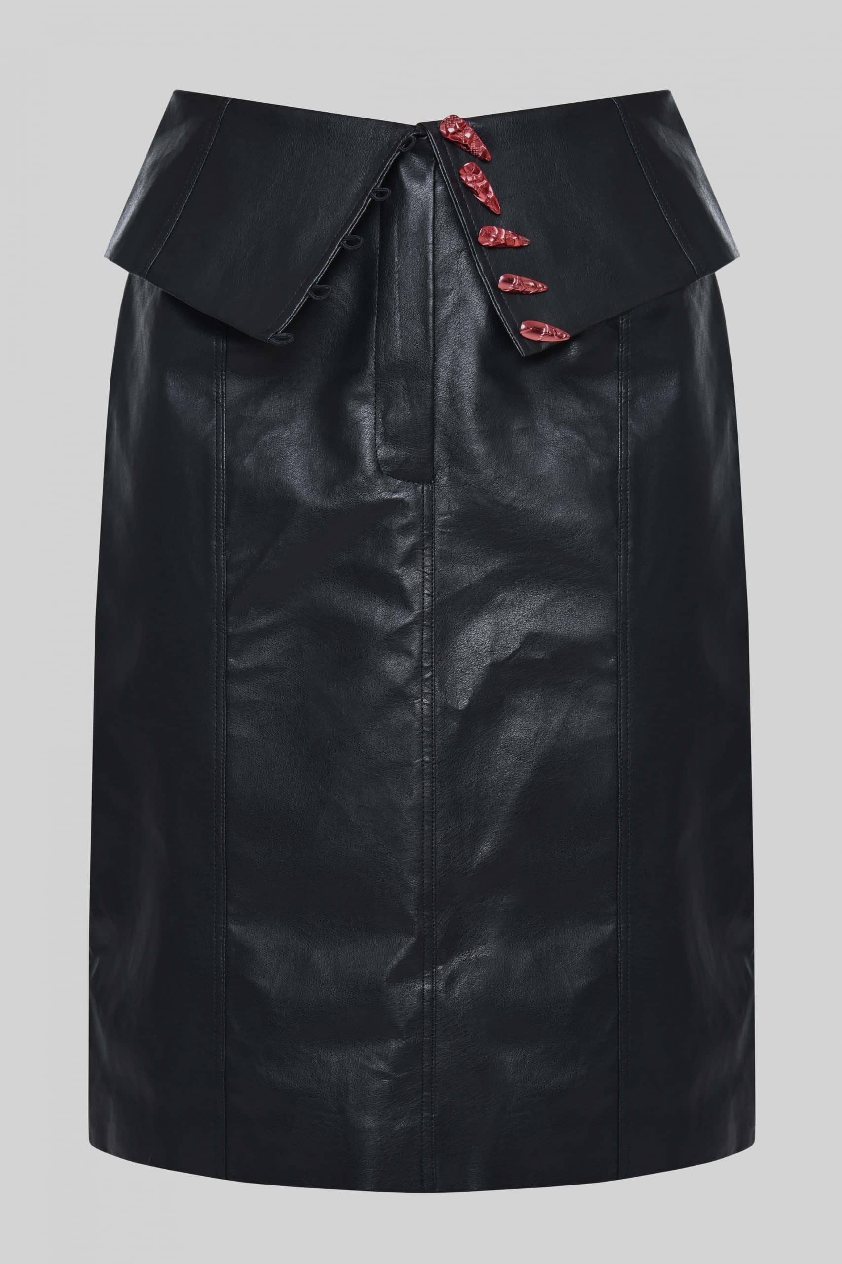 Black faux leather skirt with nail button detailing