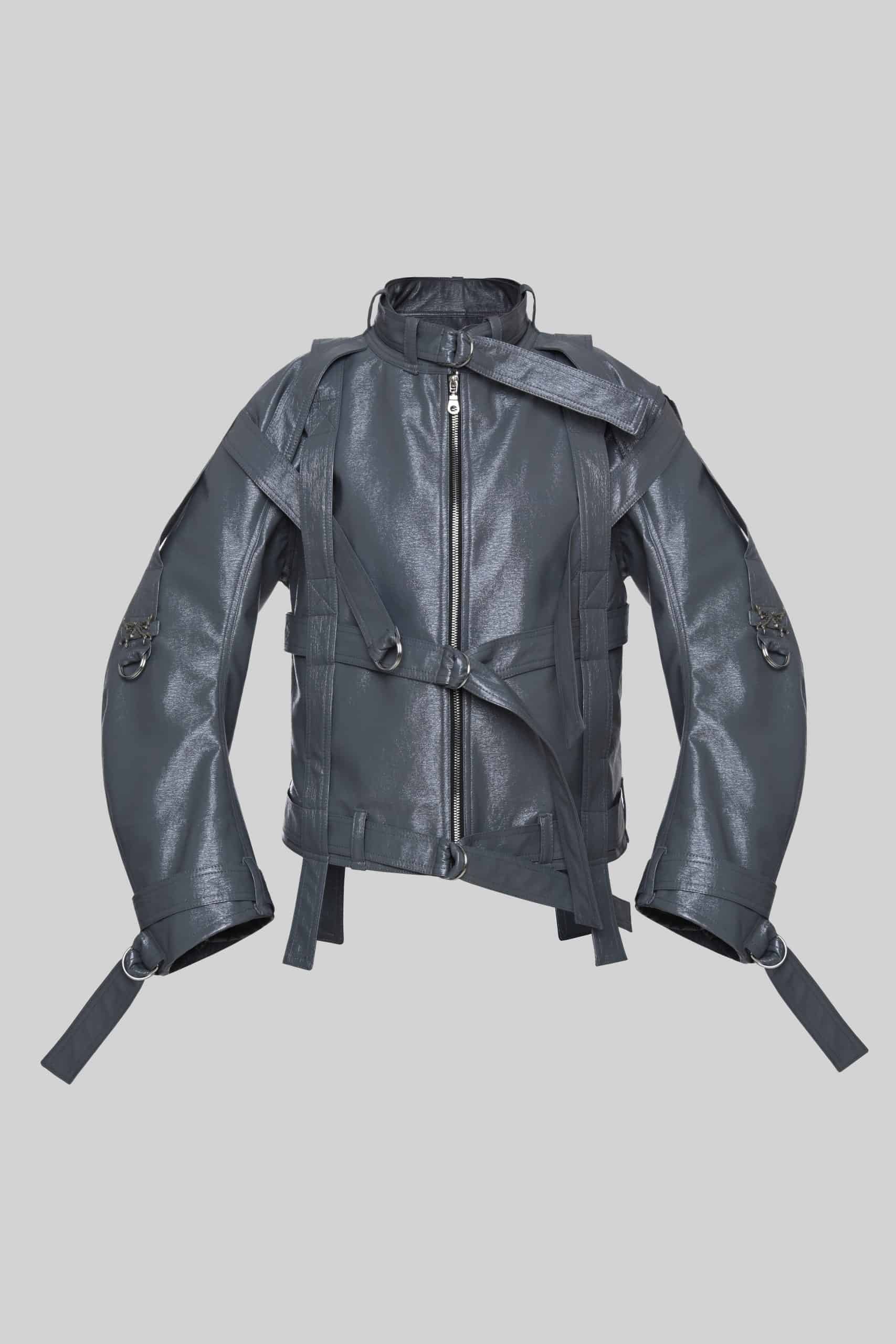 Tie-up gray vegan leather jacket