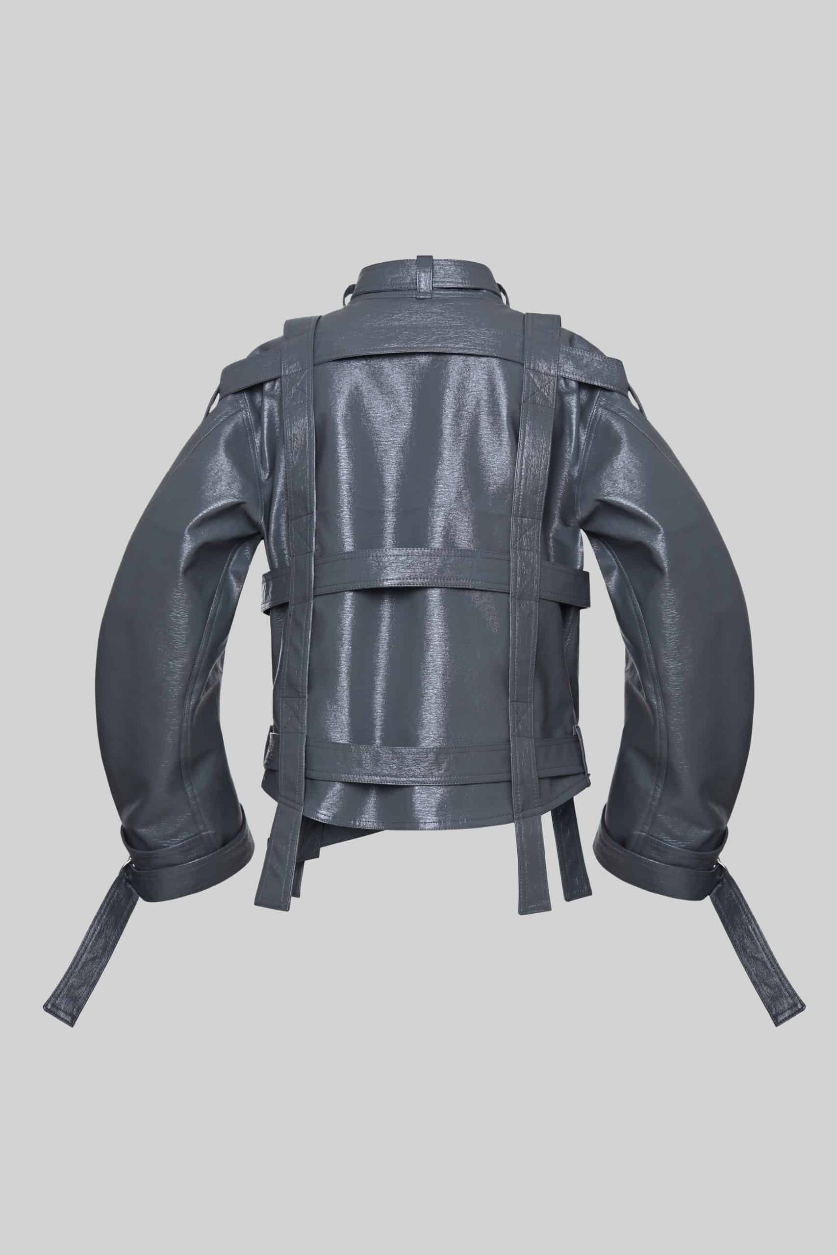 Tie-up gray vegan leather jacket
