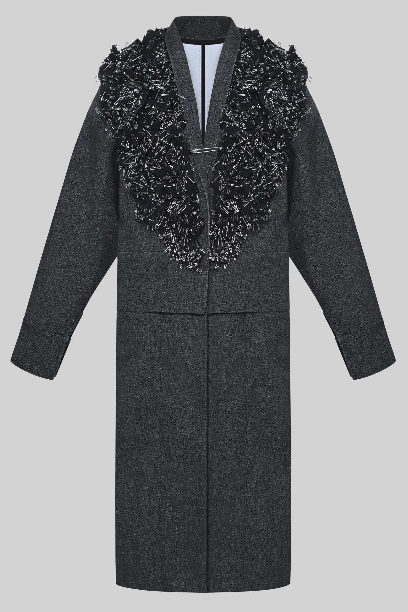 Pin collar denim trench coat