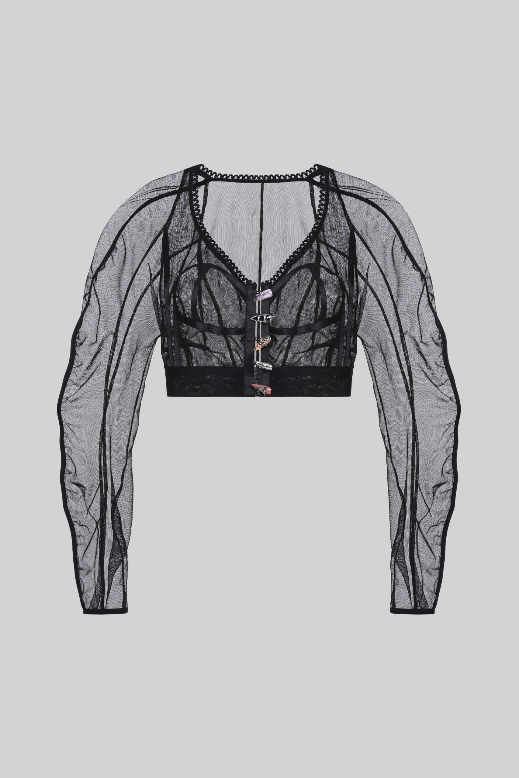 Sheer black bustier blouse with nail buttons